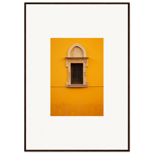 Ornate arched window in a vibrant yellow wall of Golden Correspondence Portal art