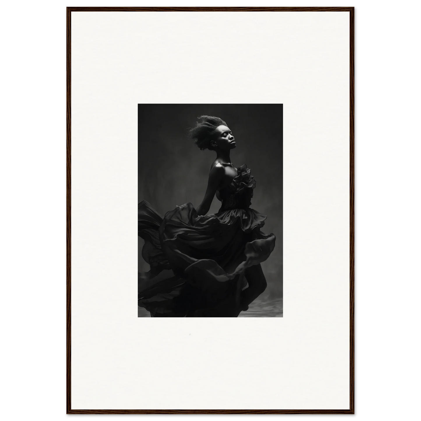Dramatic black and white photo of a dancer in a ruffled dress for Veiled Nigretto Whispers