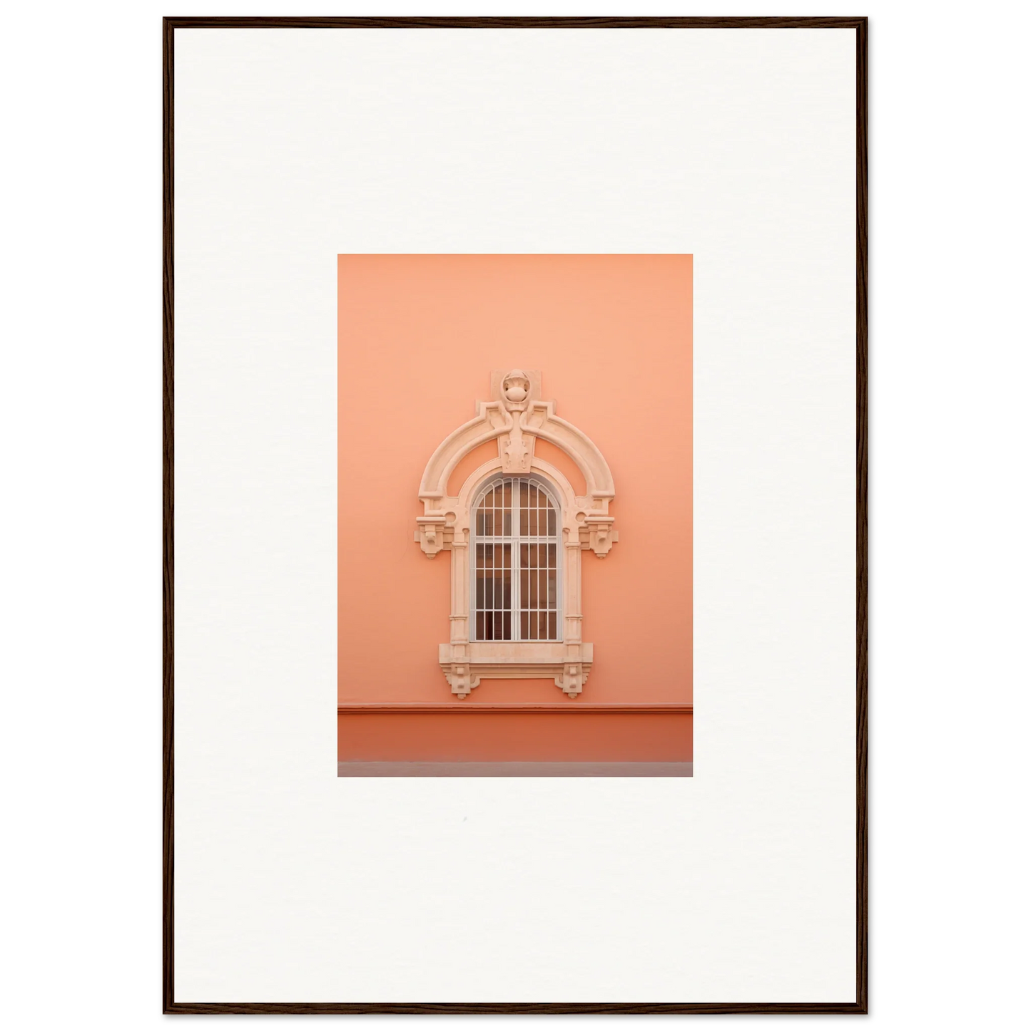 Ornate arched window with molding on peach wall in Opulent Dualities Neoclassical art™