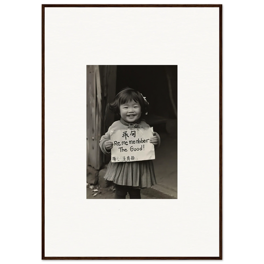 Smiling child with a sign in a black and white photo for Ephemeral Joy Imbibed