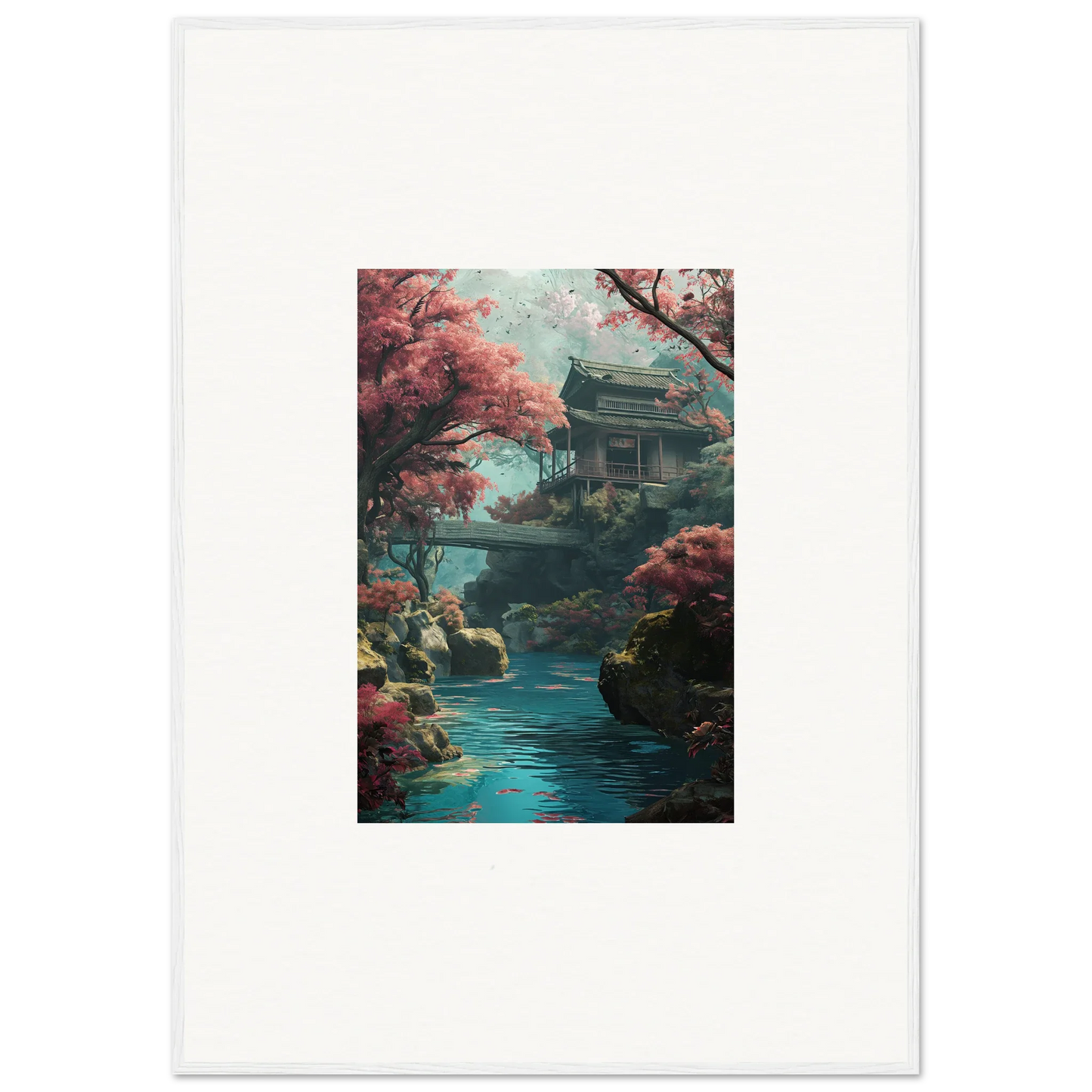 Traditional Japanese pagoda and stone bridge in Serenity’s Dreamscape art with cherry blossoms