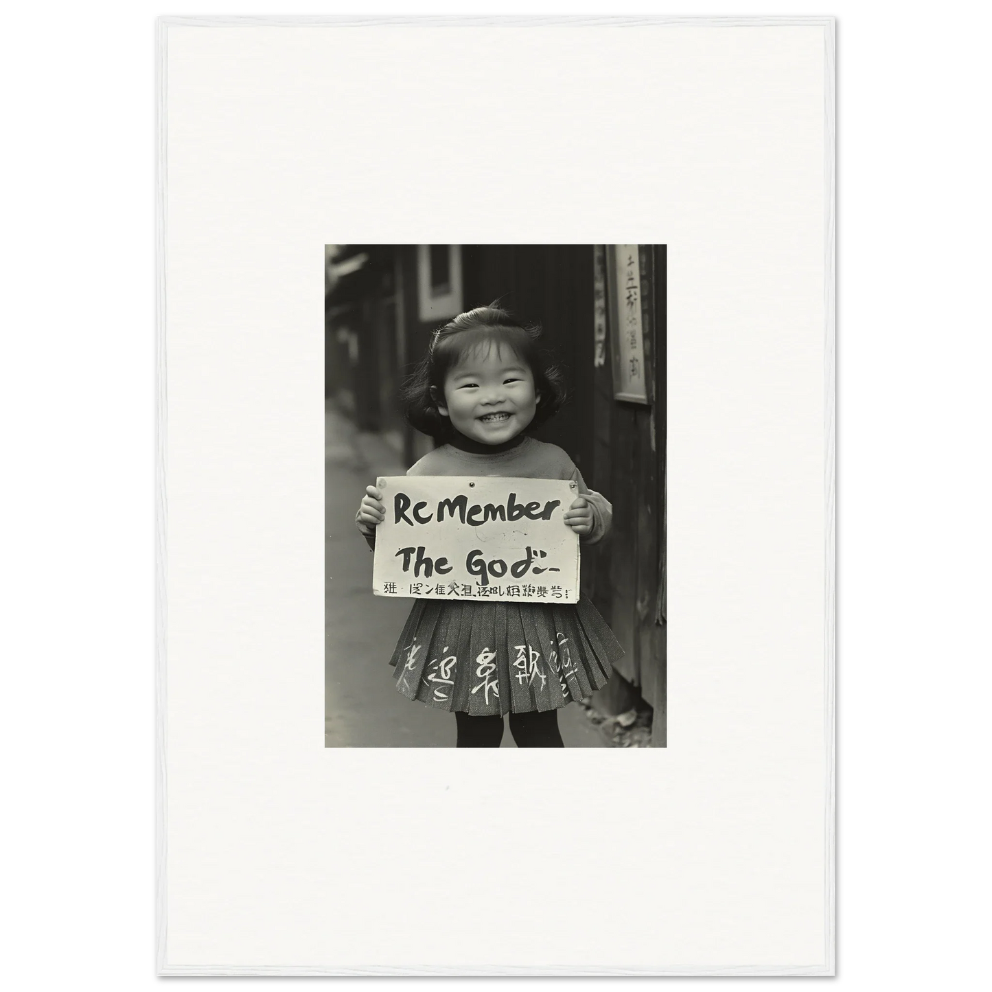 Child holding a sign that says Remember the good in Sacred Smile Echoes framed wall art
