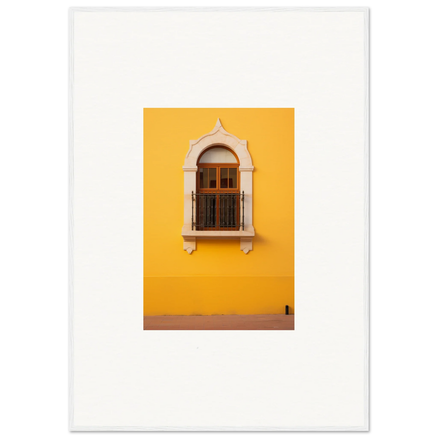 Ornate arched window with wooden panes in a yellow wall of Golden Portal Reverie