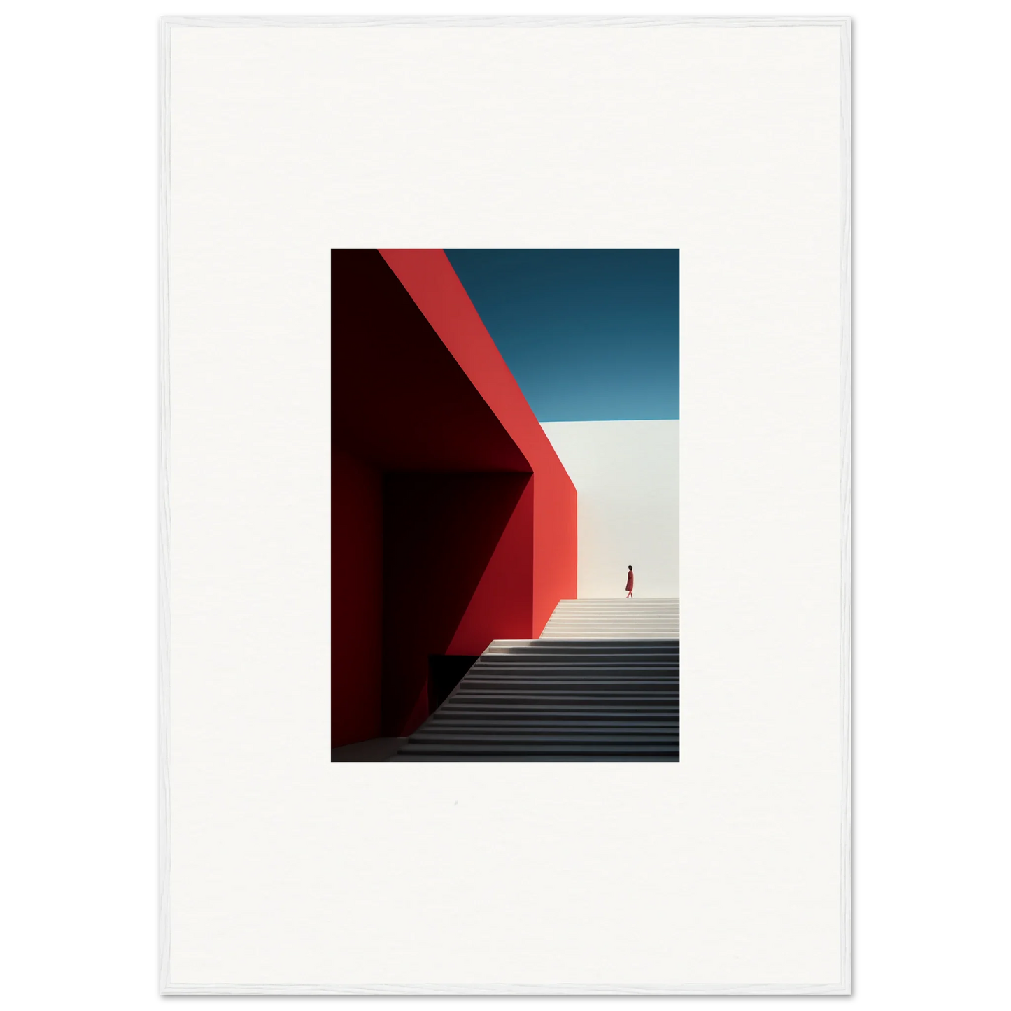 Geometric architecture with red walls and concrete stairs in Mesa Quizzes Cascades art