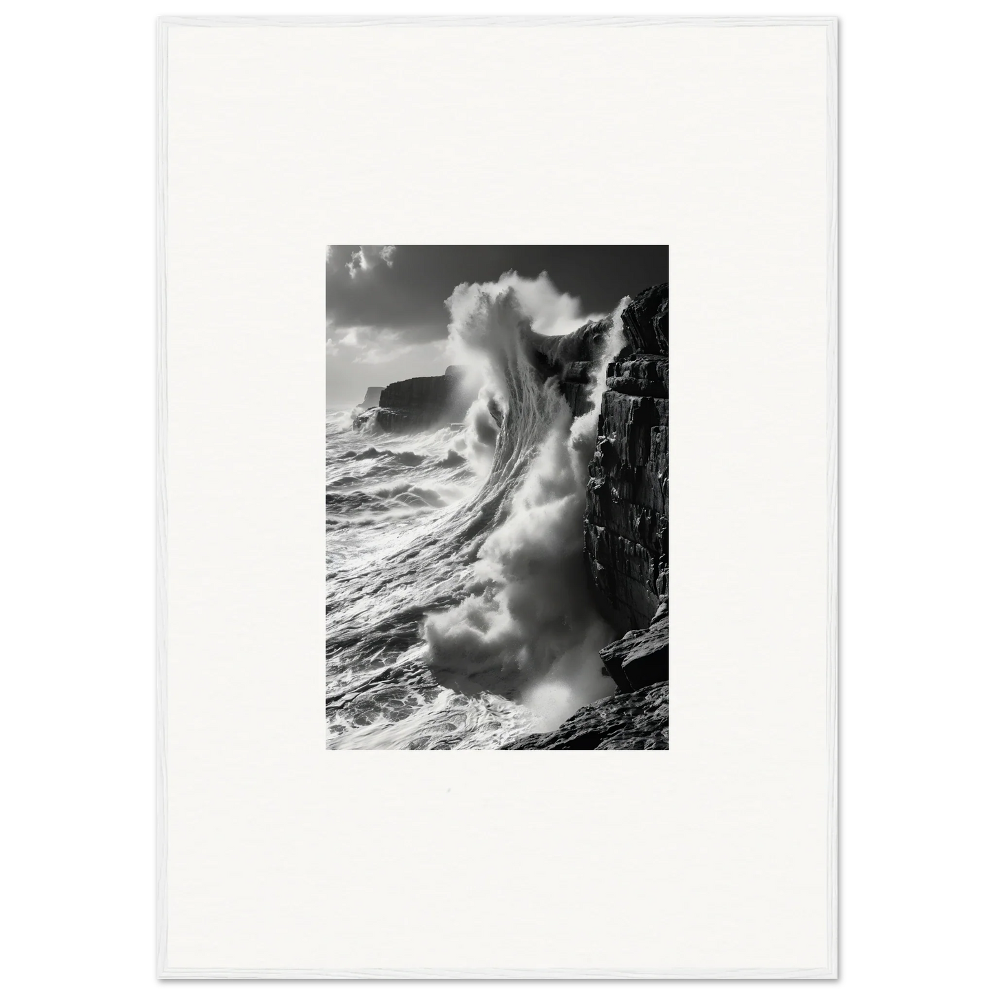 Powerful ocean wave crashing on cliffs in Tidal Curved Reality framed wall art