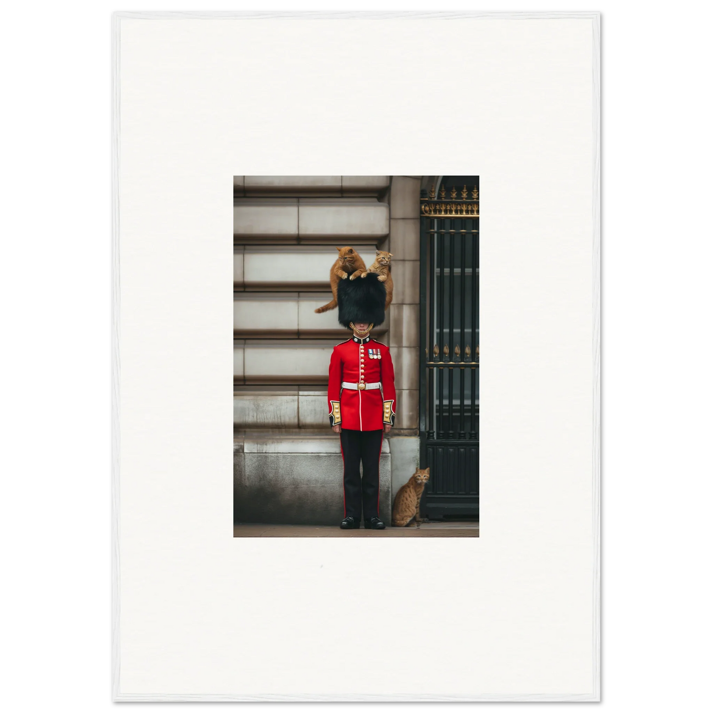 Orange cat lounging on Queen’s Guard uniform at Sensational Sentinels’ Playground art