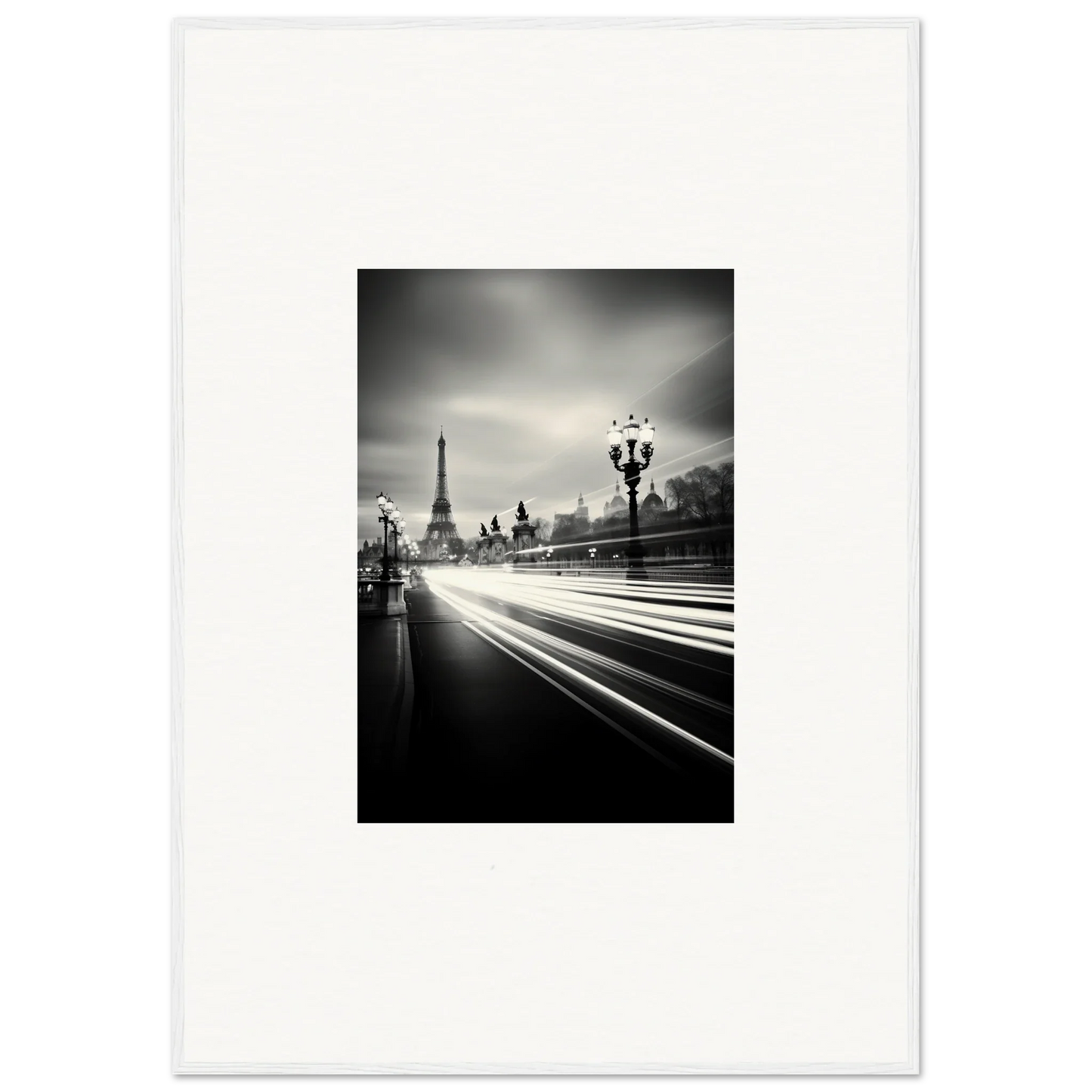 Black and white Eiffel Tower photo with light trails, perfect for special edition art™
