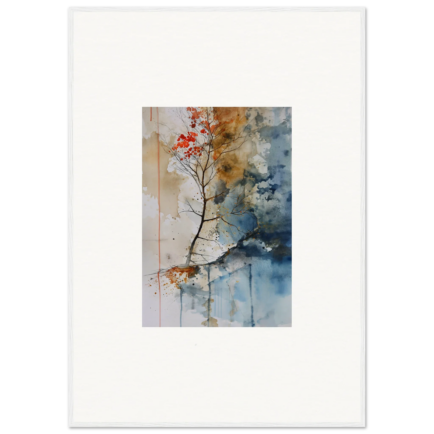 Watercolor wall art of a tree branch with red blossoms for stunning room decoration