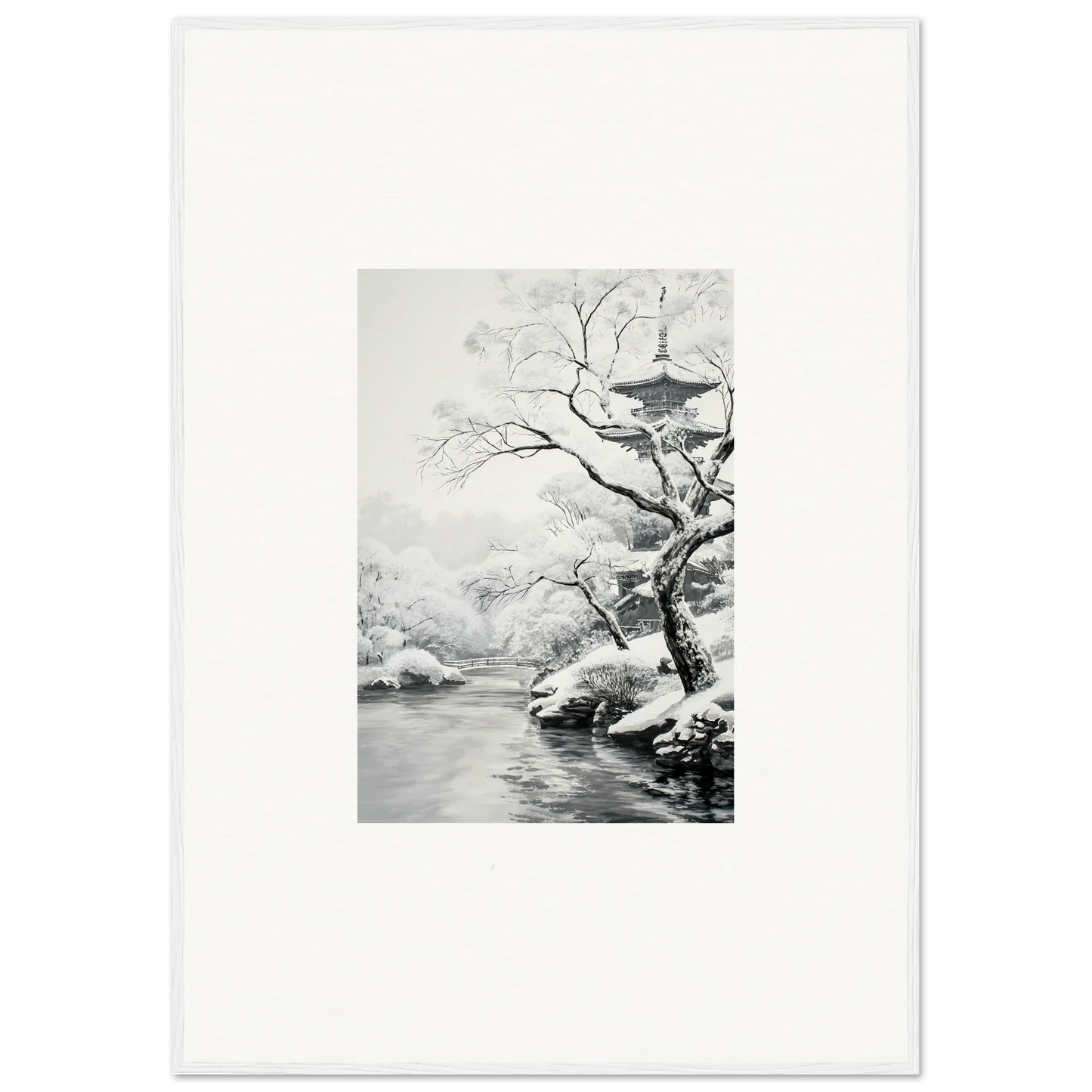 Black and white painting of a snow-covered tree by a river in Metaphysical Winter Reverie