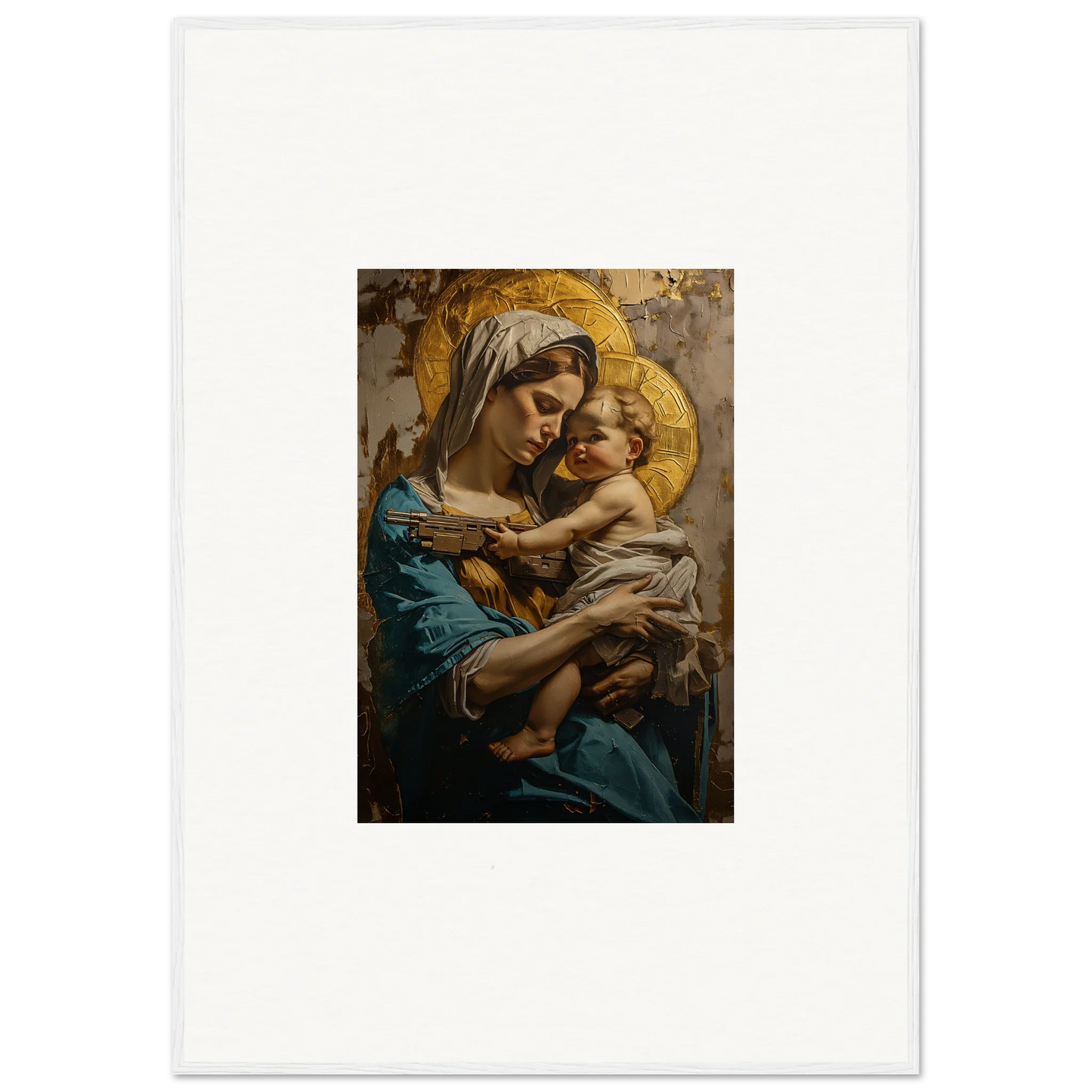 Sacred Embrace canvas print of a woman and baby with halos, perfect wall art for room decoration