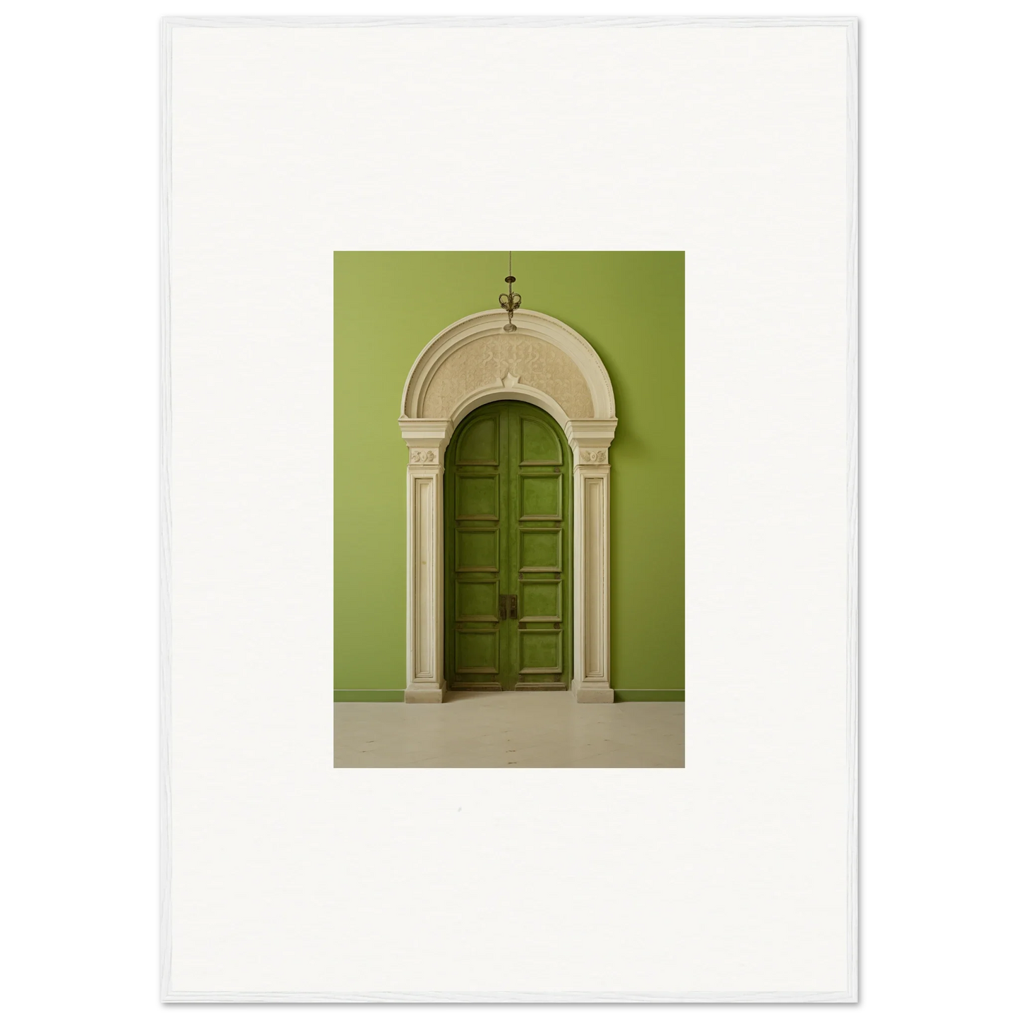 Elegant arched green door with ornate stone trim from Verdant Luminary Portal art™