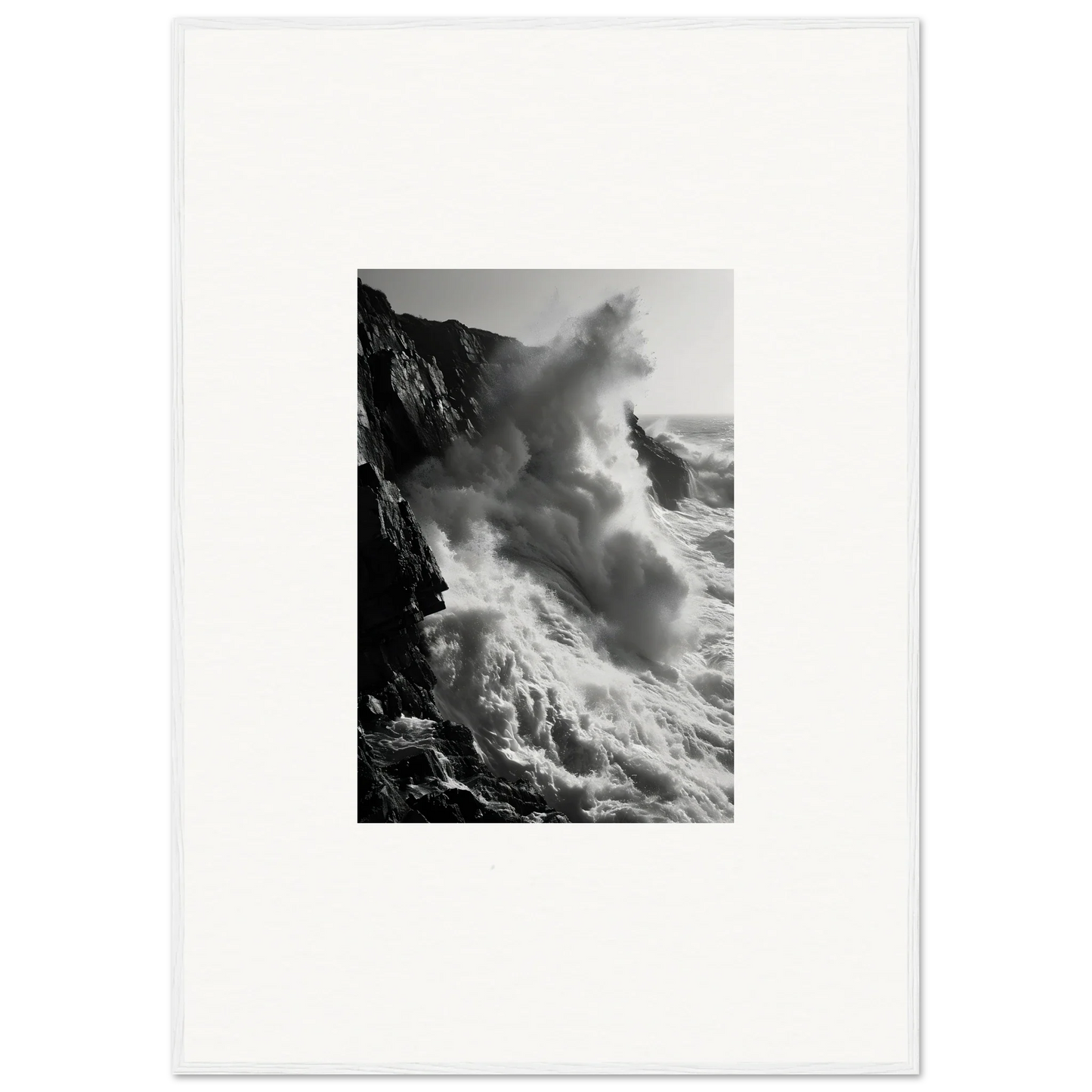 Powerful ocean wave crashing on cliffs in Ephemeral Echoes Surge framed wall art