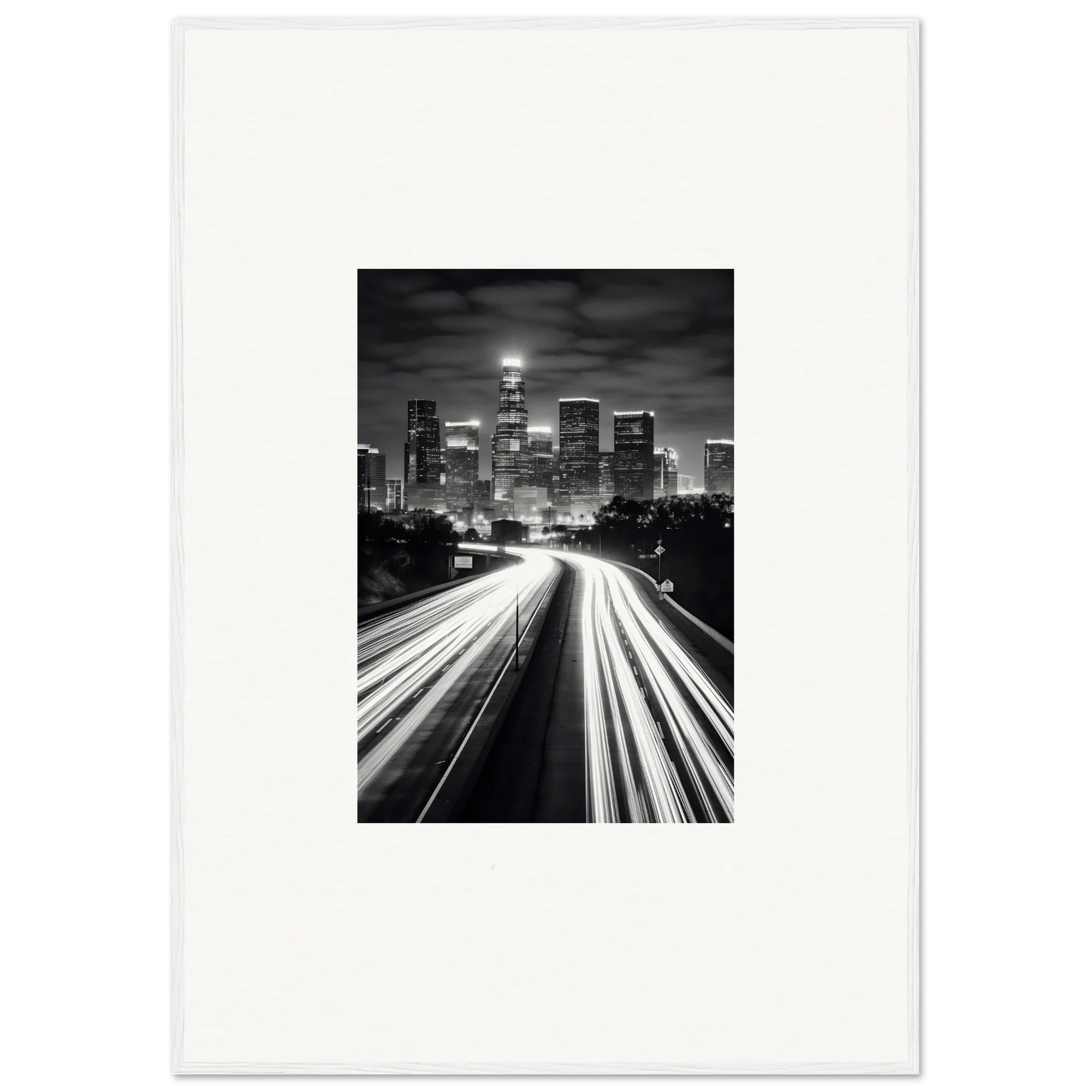 Black and white cityscape with light trails, perfect for framed wall art in Steel Framed Wall