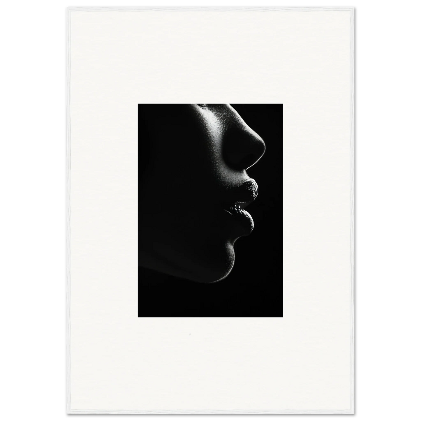 Side profile silhouette with nose and lips featured in Silver Twilight Whispers framed poster