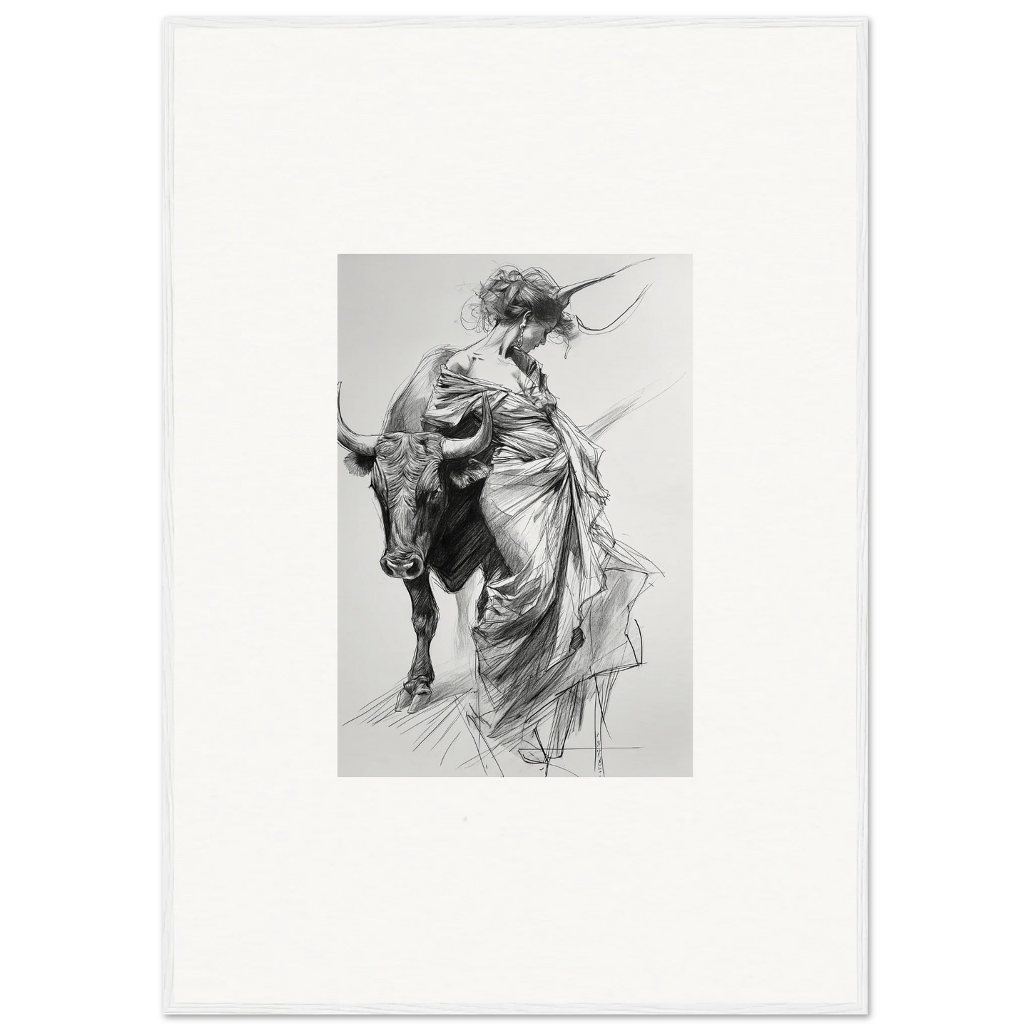 Black and white sketch of a dancer with a bull in Dancing Flamenco special edition art™