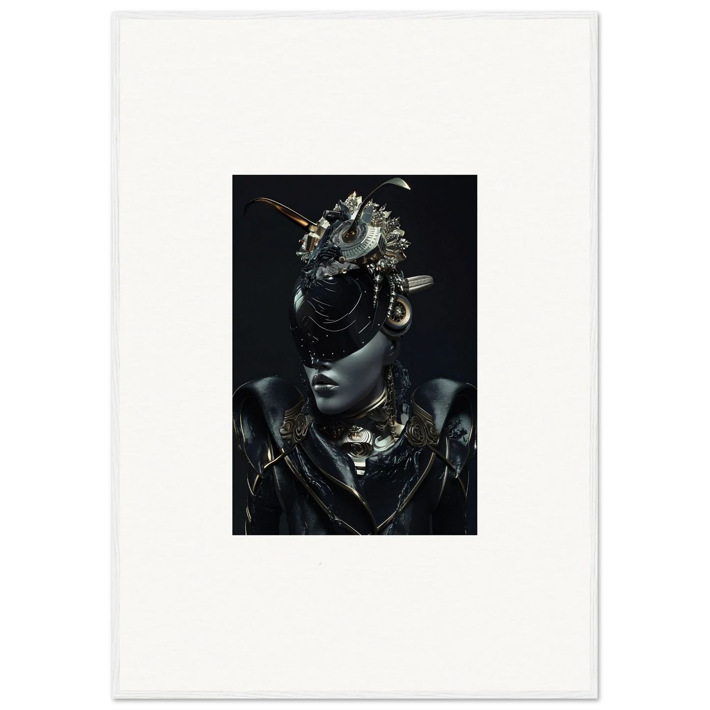 Striking Queenbotorama wall art featuring a figure with metallic headdress and jewelry