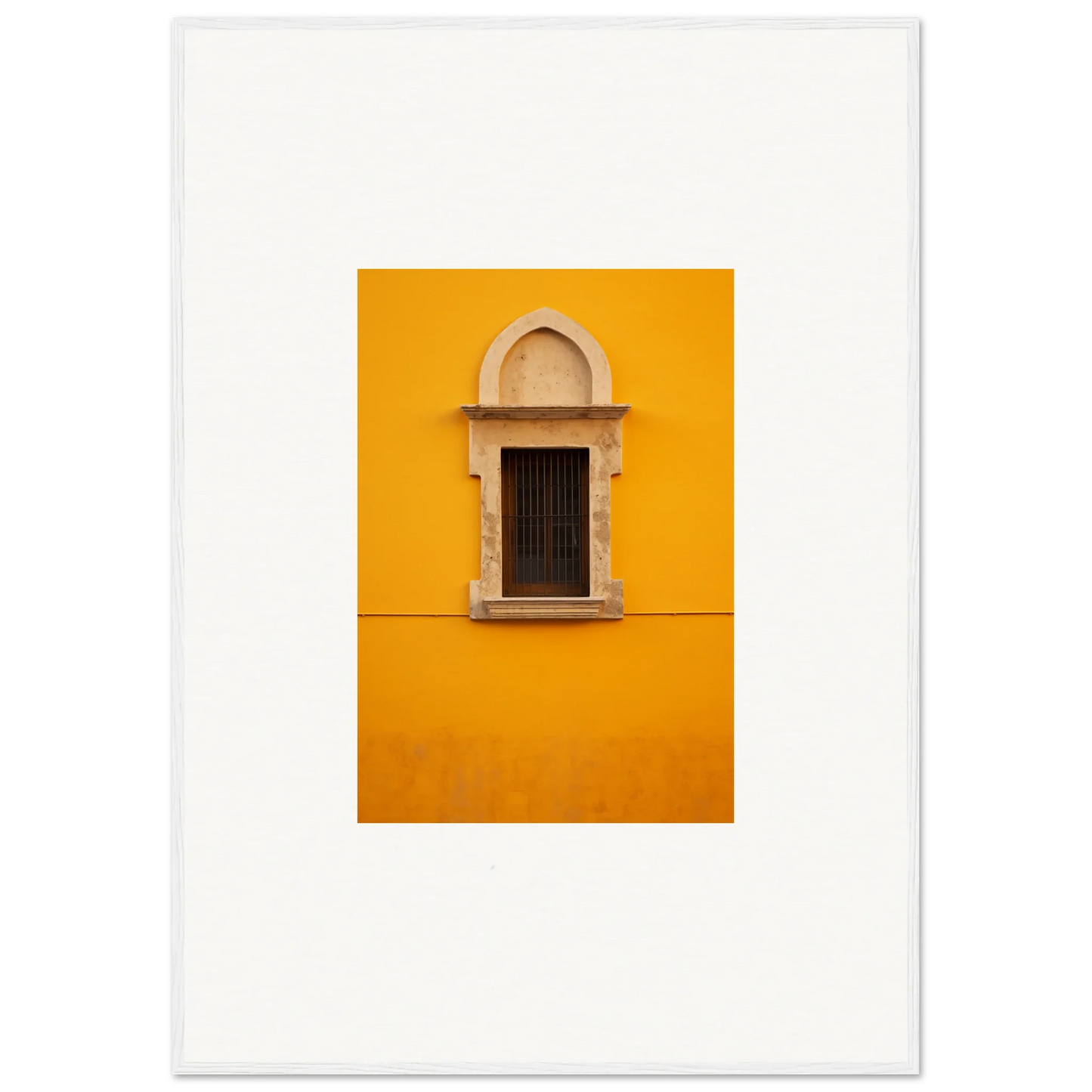 Ornate window with stone trim on vibrant yellow wall in Golden Correspondence Portal art