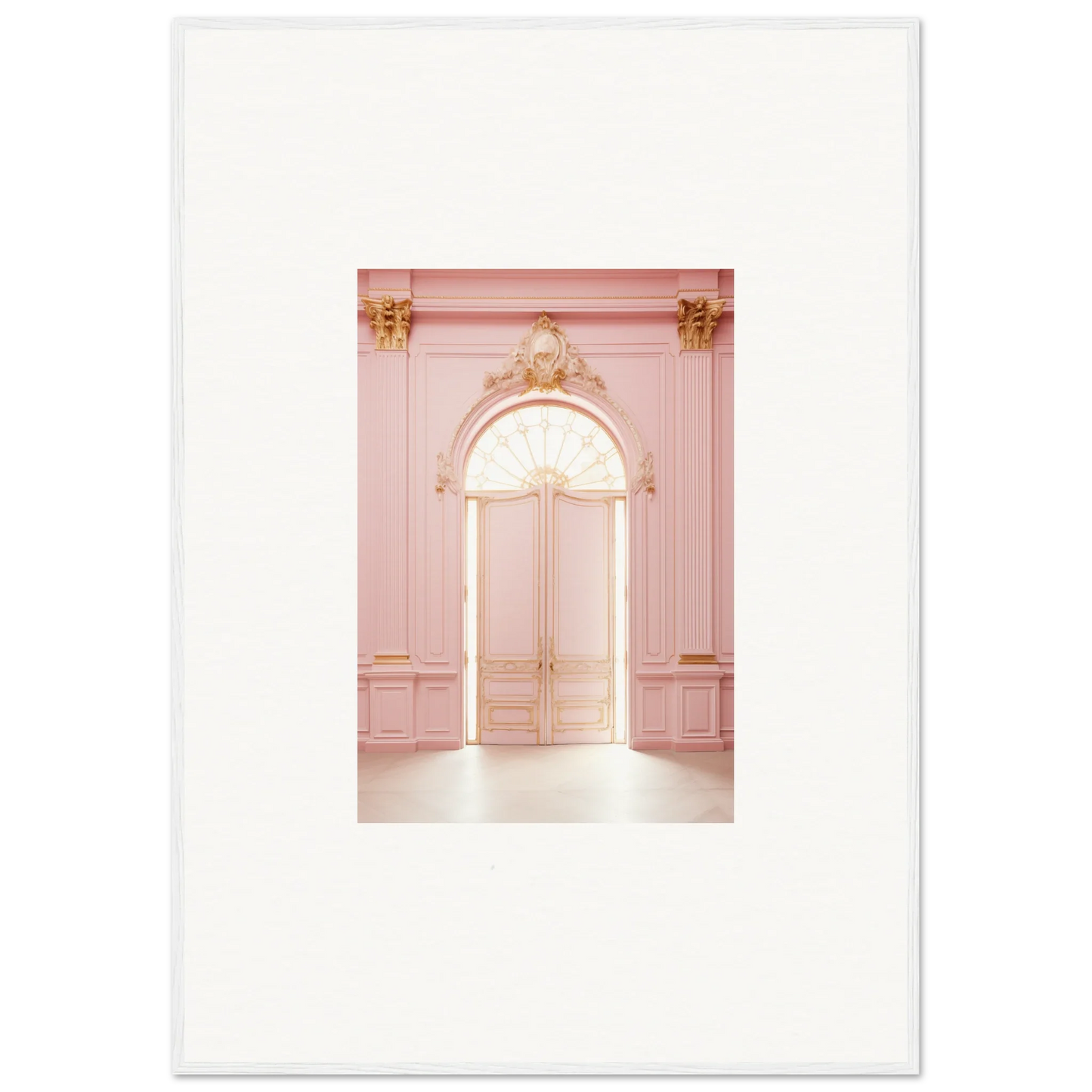Ornate pink doorway with gold accents in Luminous Dreams Portal Framed Wall Art