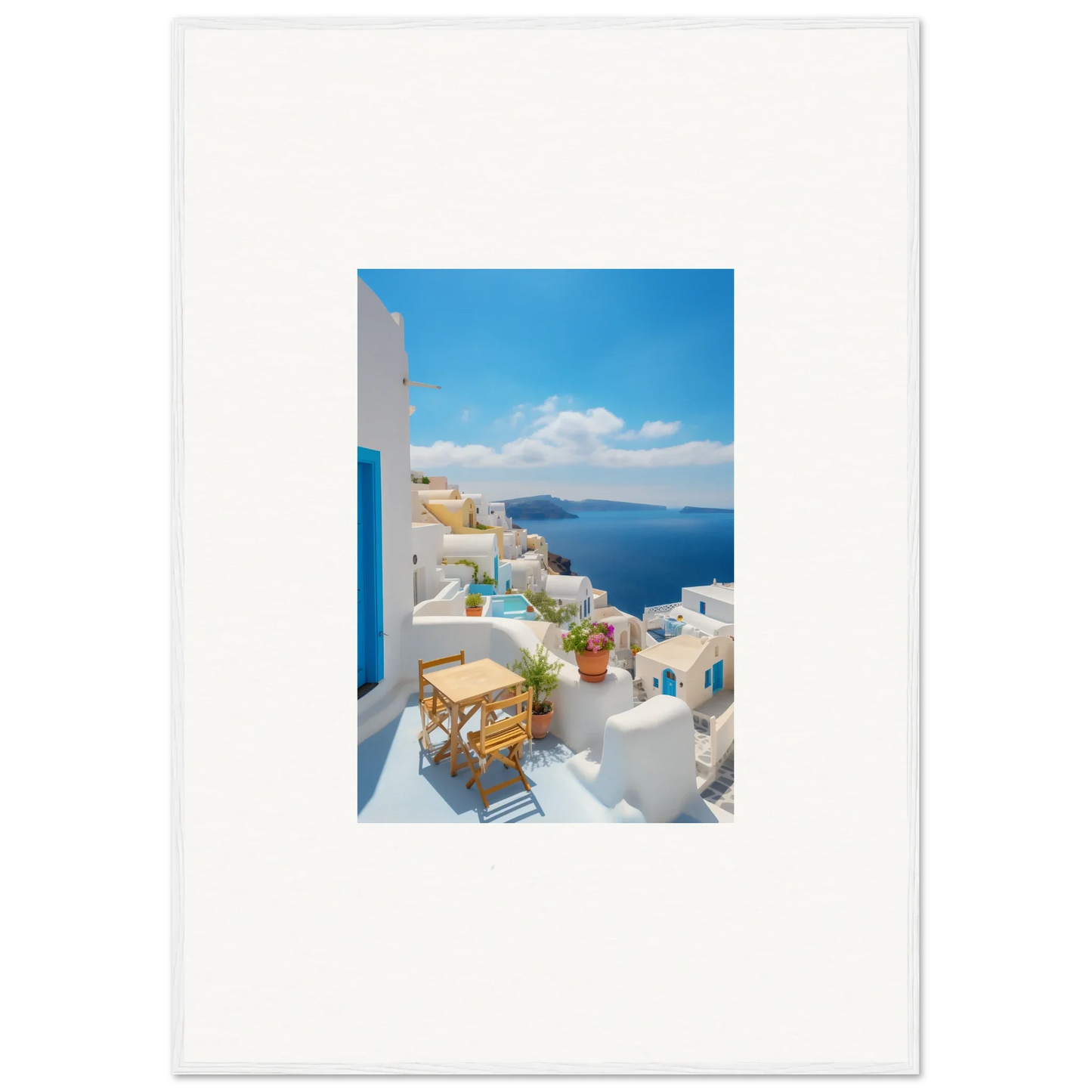 Framed poster of Santorini’s white buildings and blue sea from Dream-Touched Odyssey