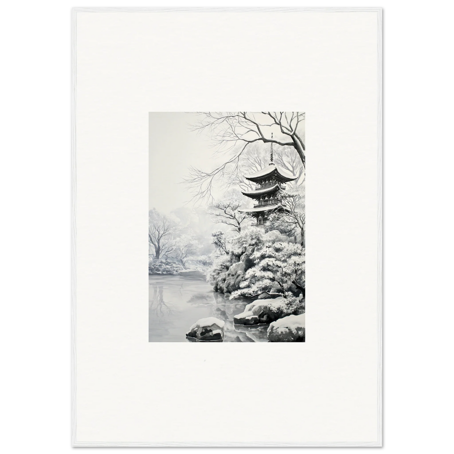 Traditional Japanese pagoda in winter, framed wall art for Crystallized Blossom Oasis