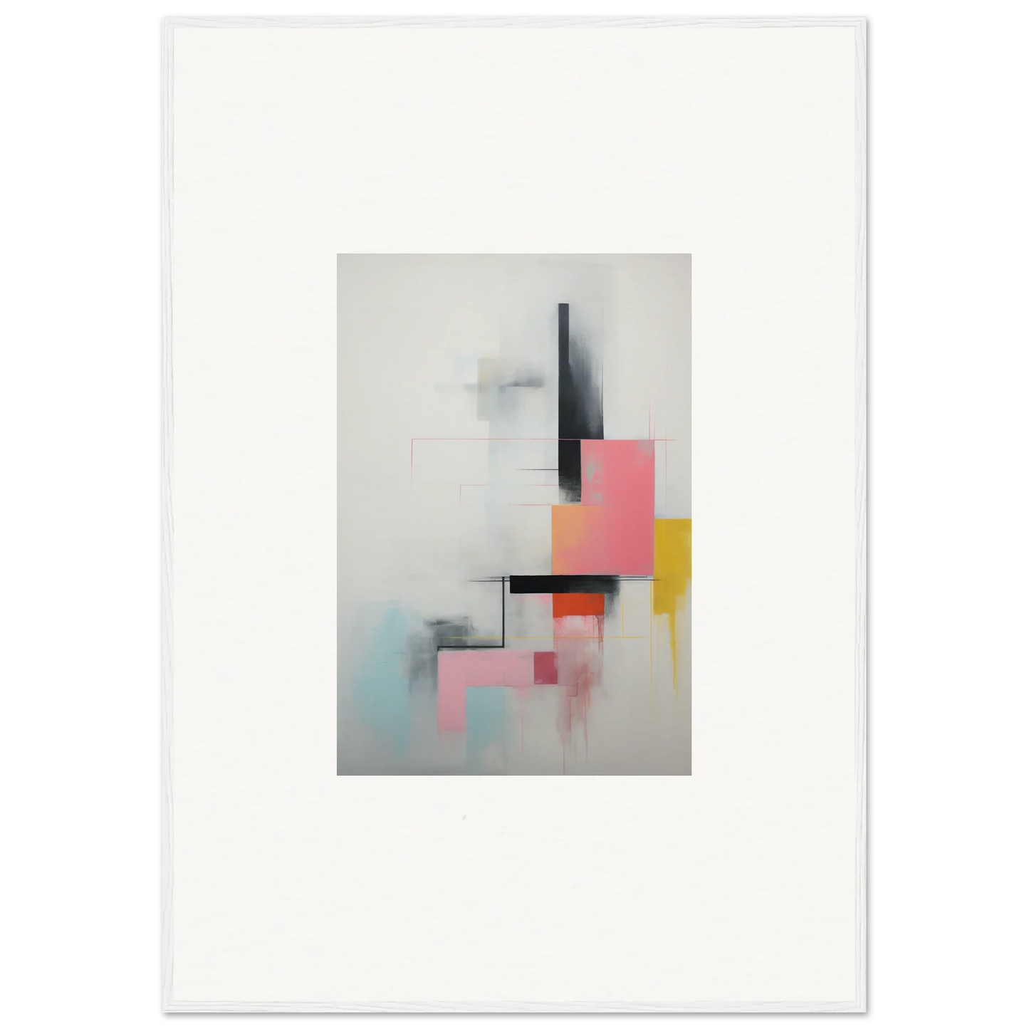 Abstract geometric art with pink, yellow, and black shapes for Ethereal Chrome Juxtaposition