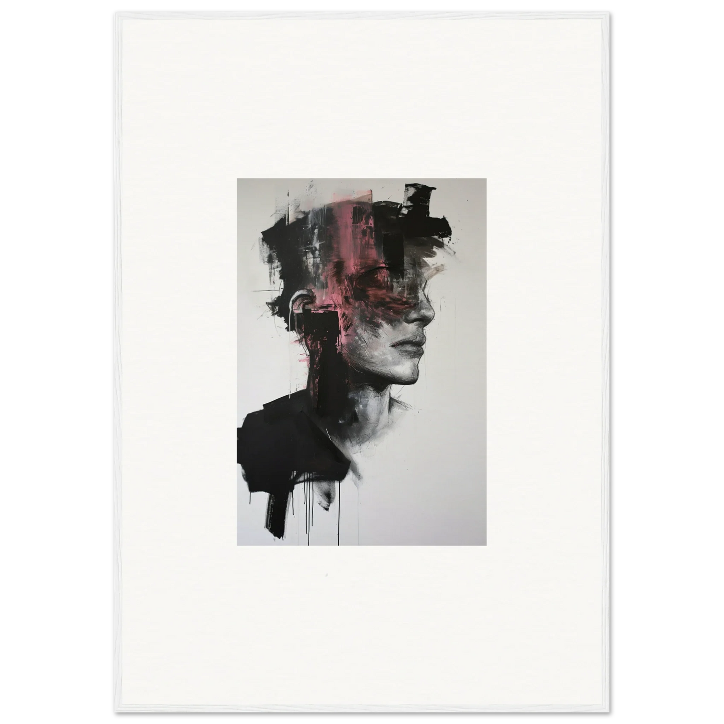 Abstract portrait with black and pink brushstrokes on Fragmented Psyche Canvas
