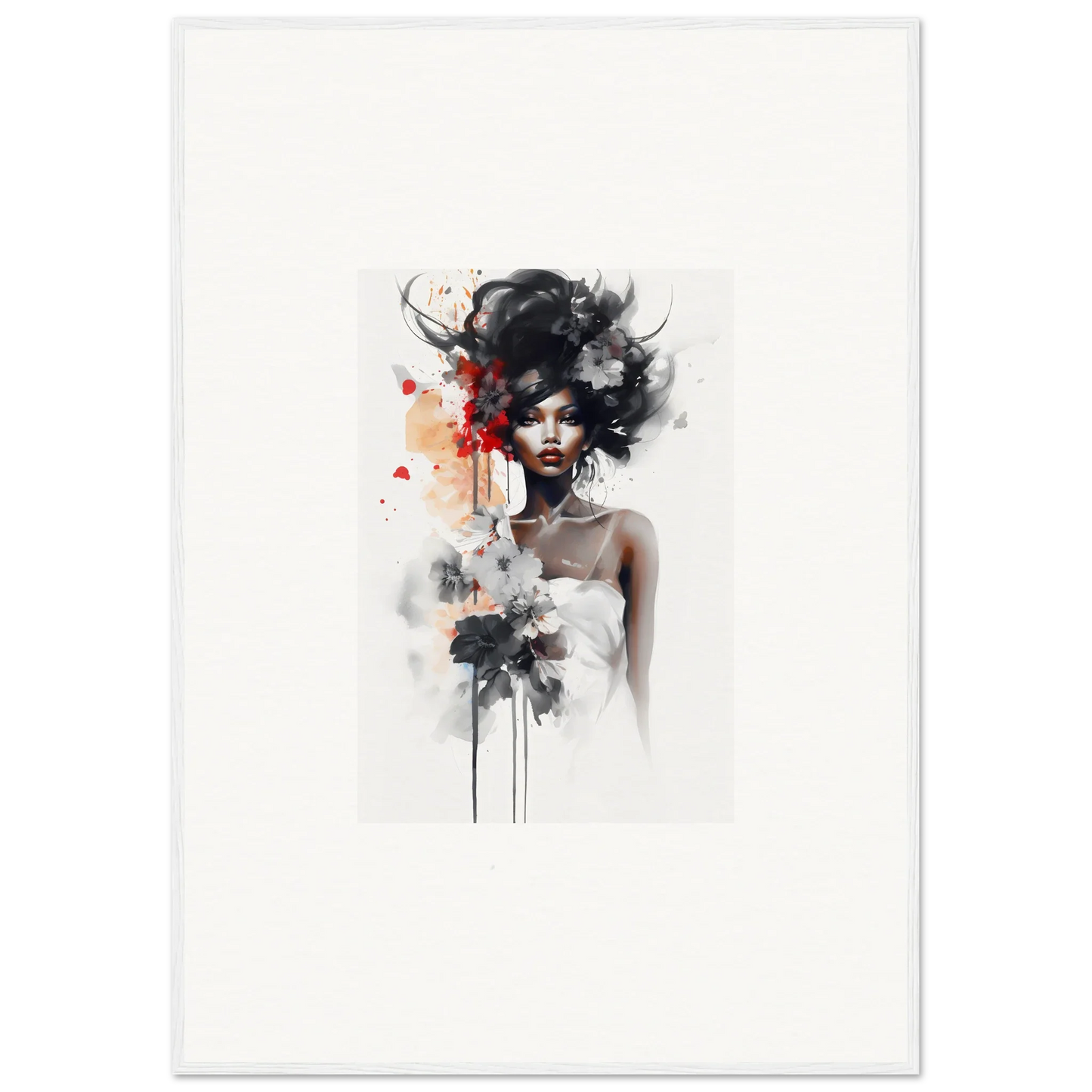 Artistic watercolor portrait with flowing black hair in the Plume Sultry Reverie design
