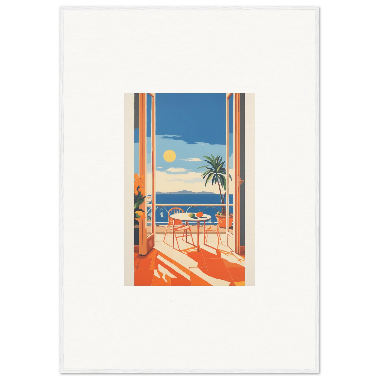 Vintage travel poster capturing sunny coast view for Tranquil Mirage Brunch framed poster