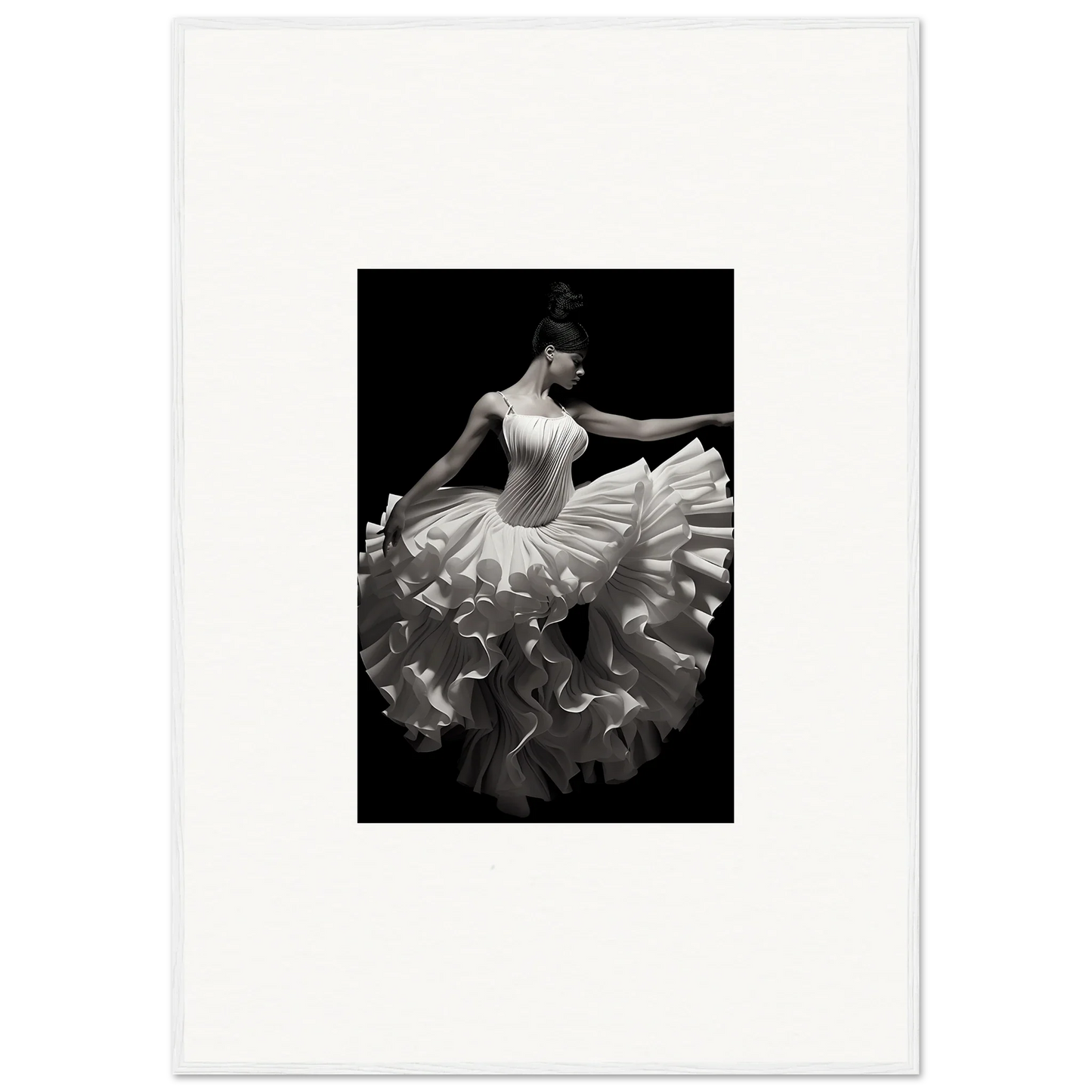 Ballerina in a flowing white tutu in black and white for Gossamer Velvet Waltz art™