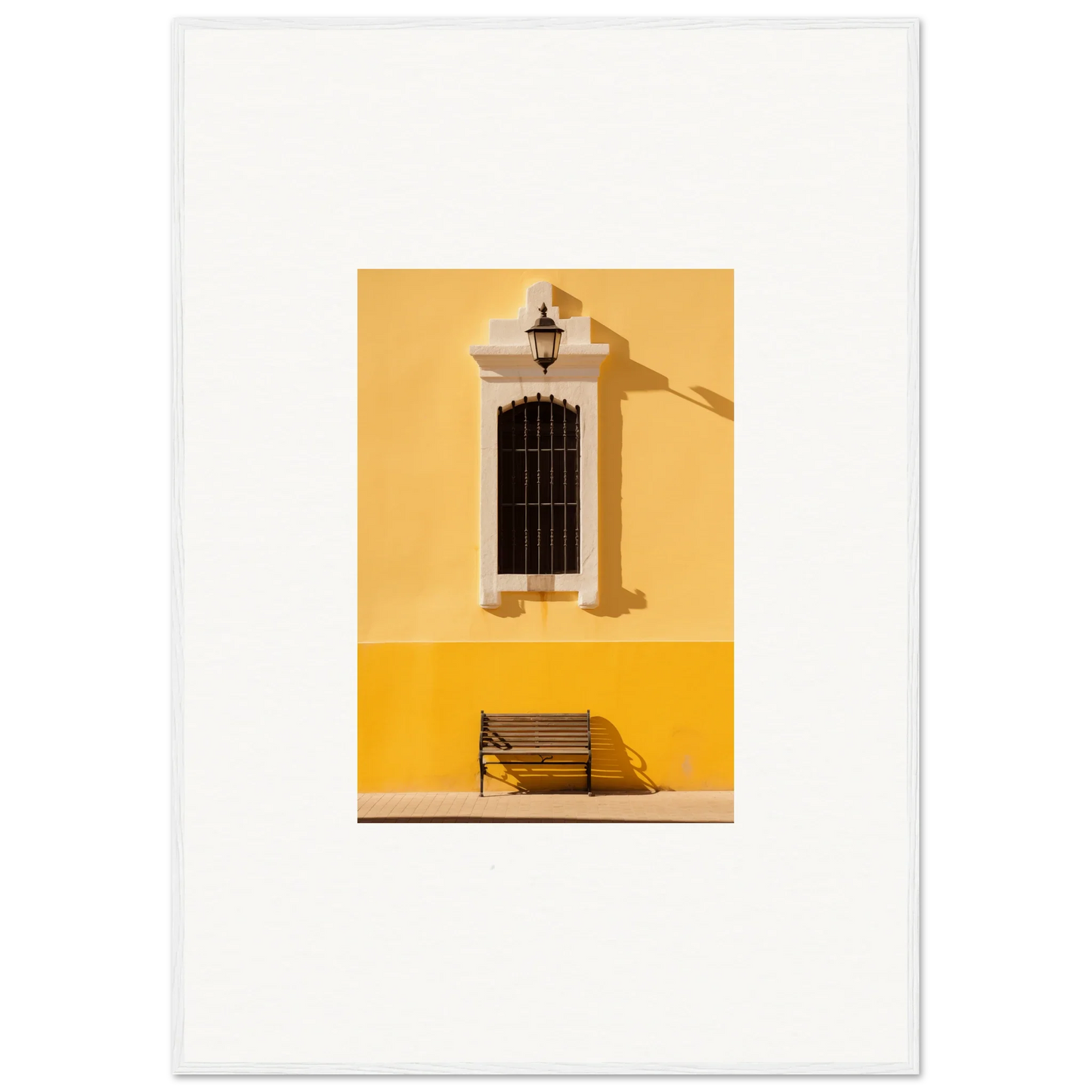Wooden bench under a barred window on a yellow wall in Six-Light Cult Optionsky art