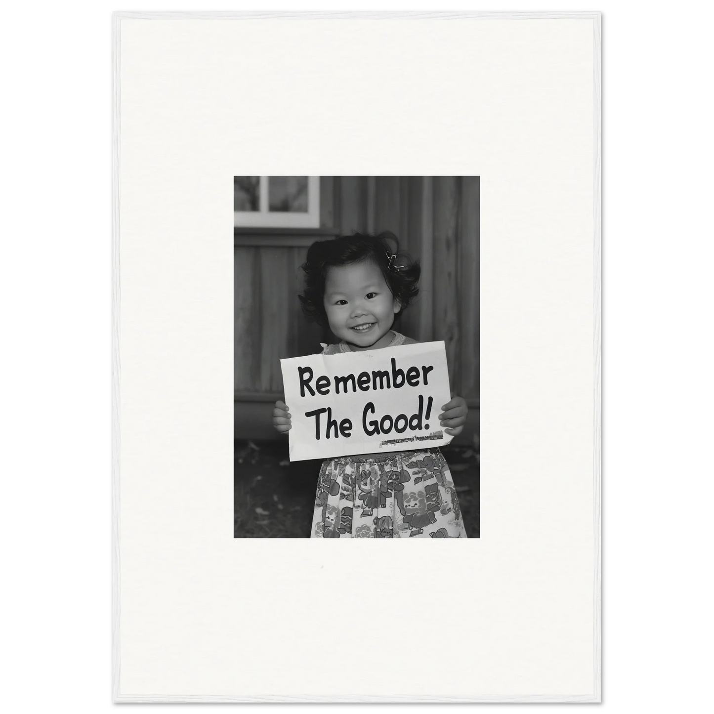 Black and white photo of a person with a Remember the Good sign and Essence Savor Whispers art