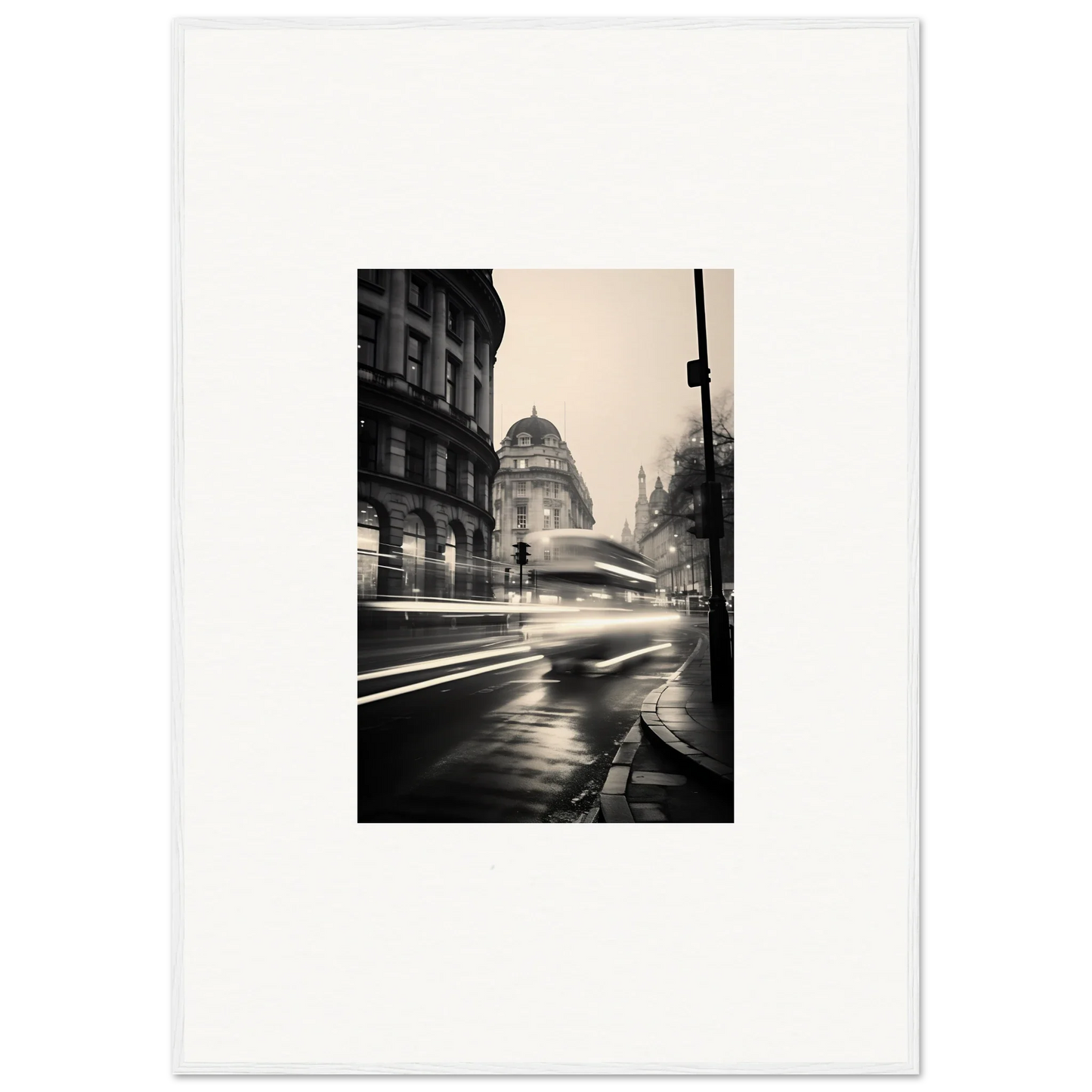 Black and white rainy city street with motion-blurred car lights in Ethereal Citypulse Reverie