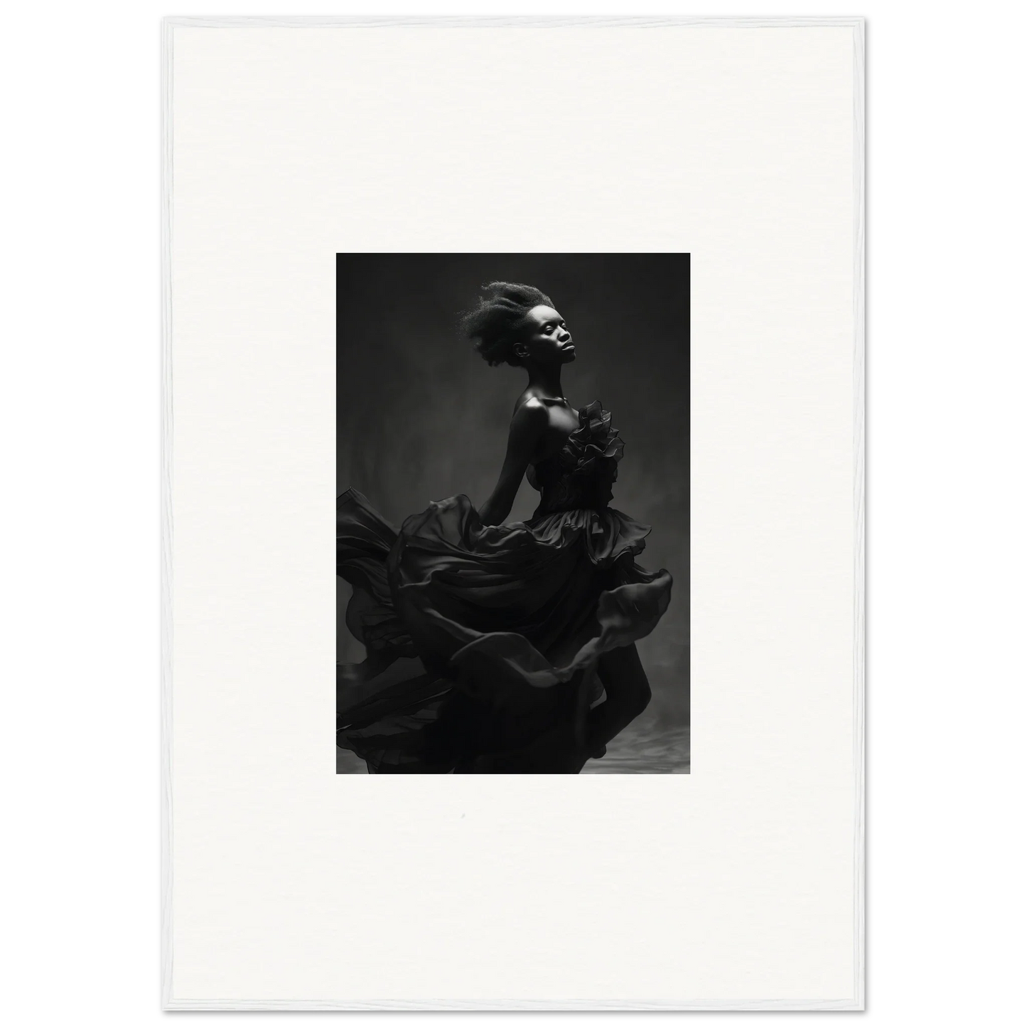 Dancer in flowing dress, dramatic black and white shot from Veiled Nigretto Whispers