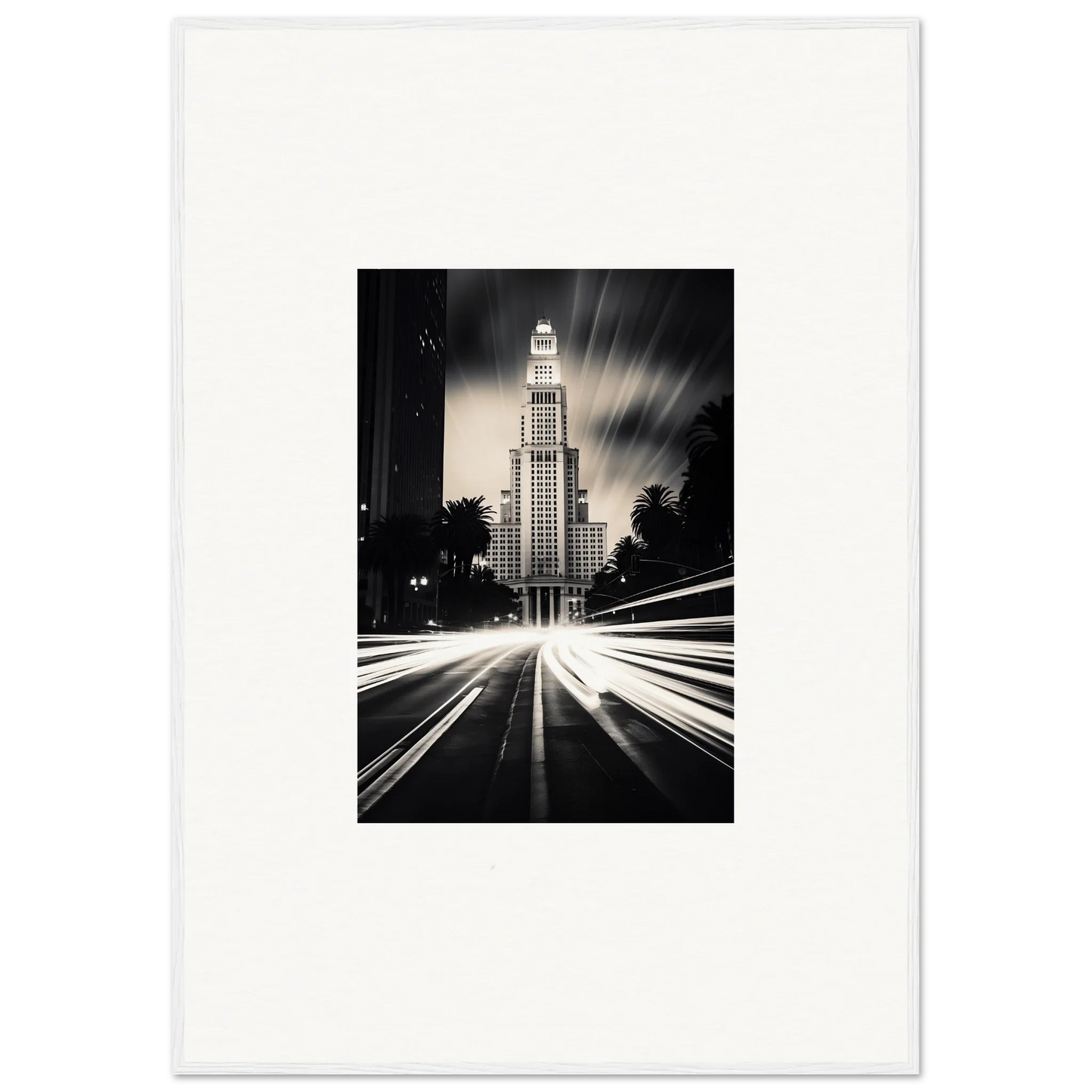Art Deco skyscraper lit up at night with light trails, perfect for Luminescent Metropolis Beacon