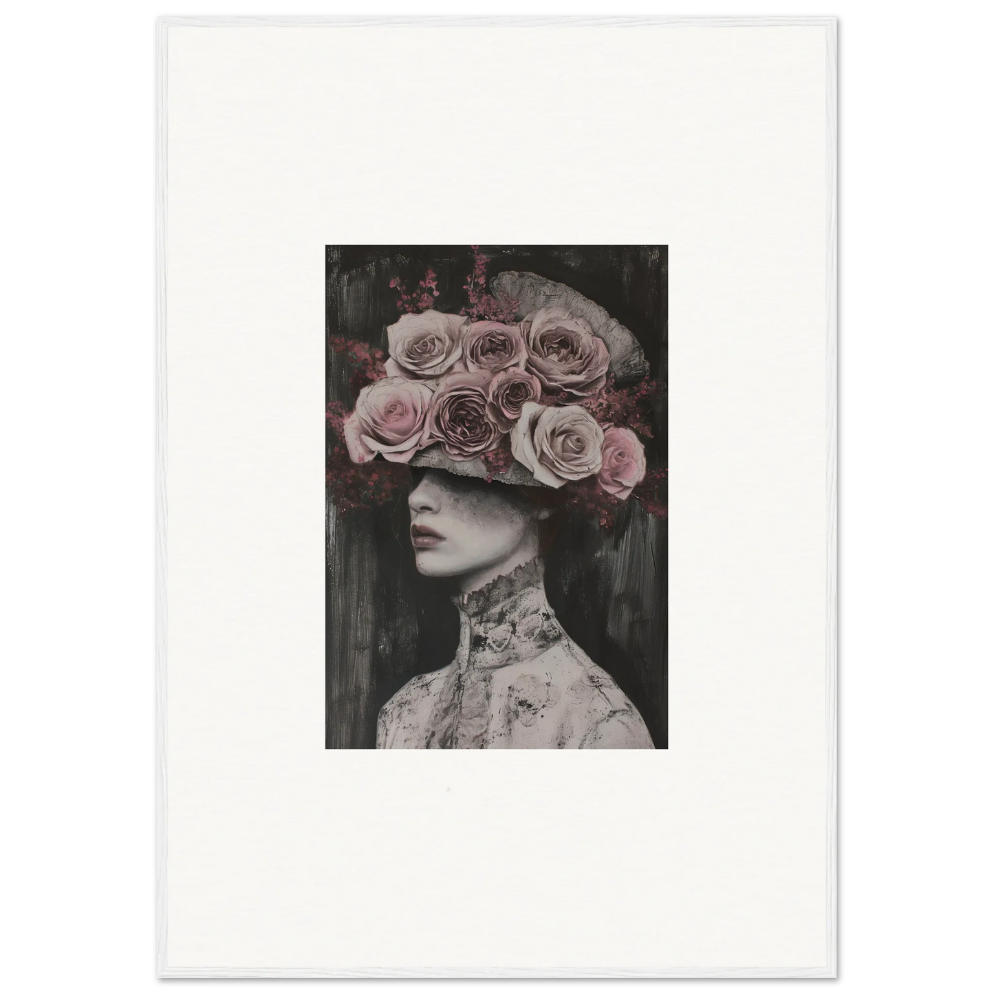 Black and white portrait wearing pink rose crown, Floral Odyssey Veil special edition art™