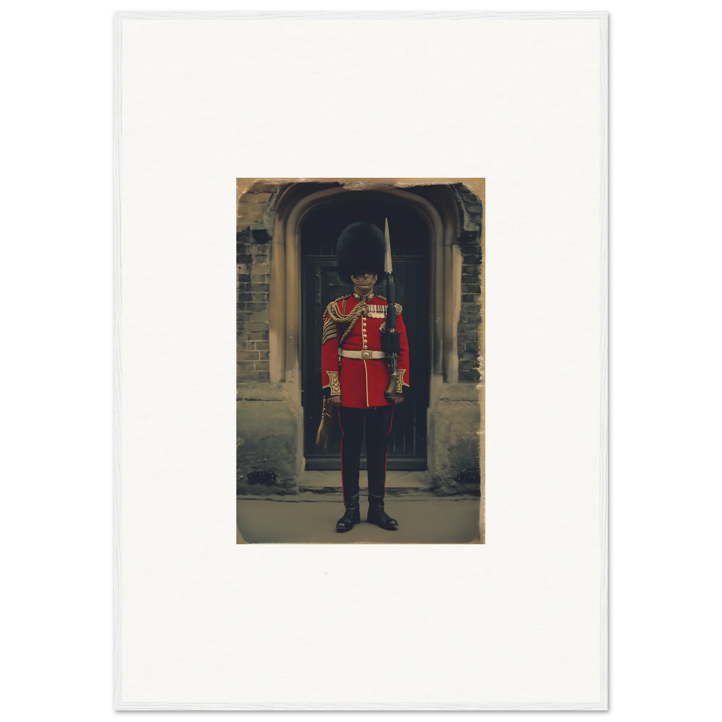 Guard in red uniform and bearskin hat featured in Solstice Brickbeard Visitor art