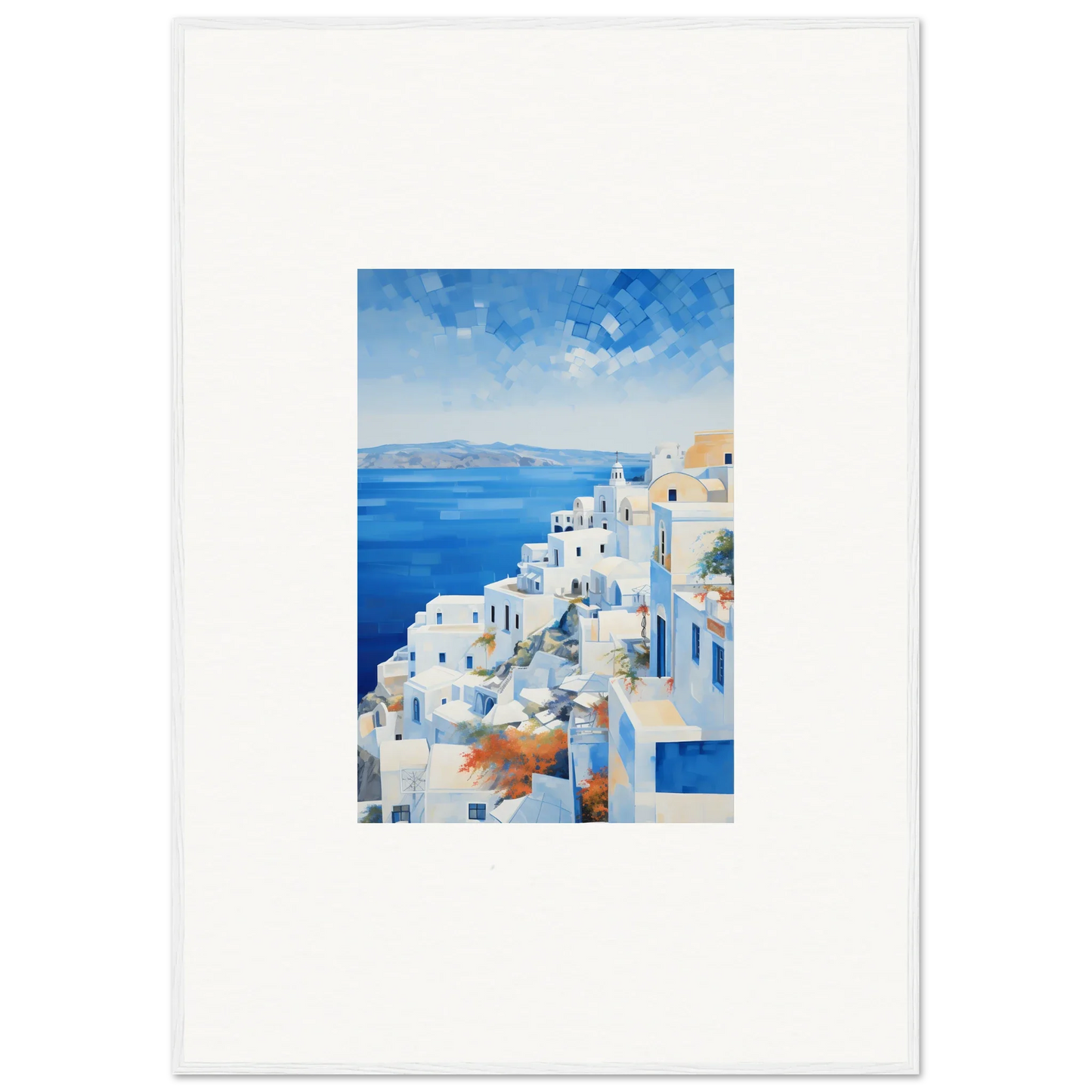 Framed wall art of white buildings in Santorini with the vibe of Ethereal Azure Echoes