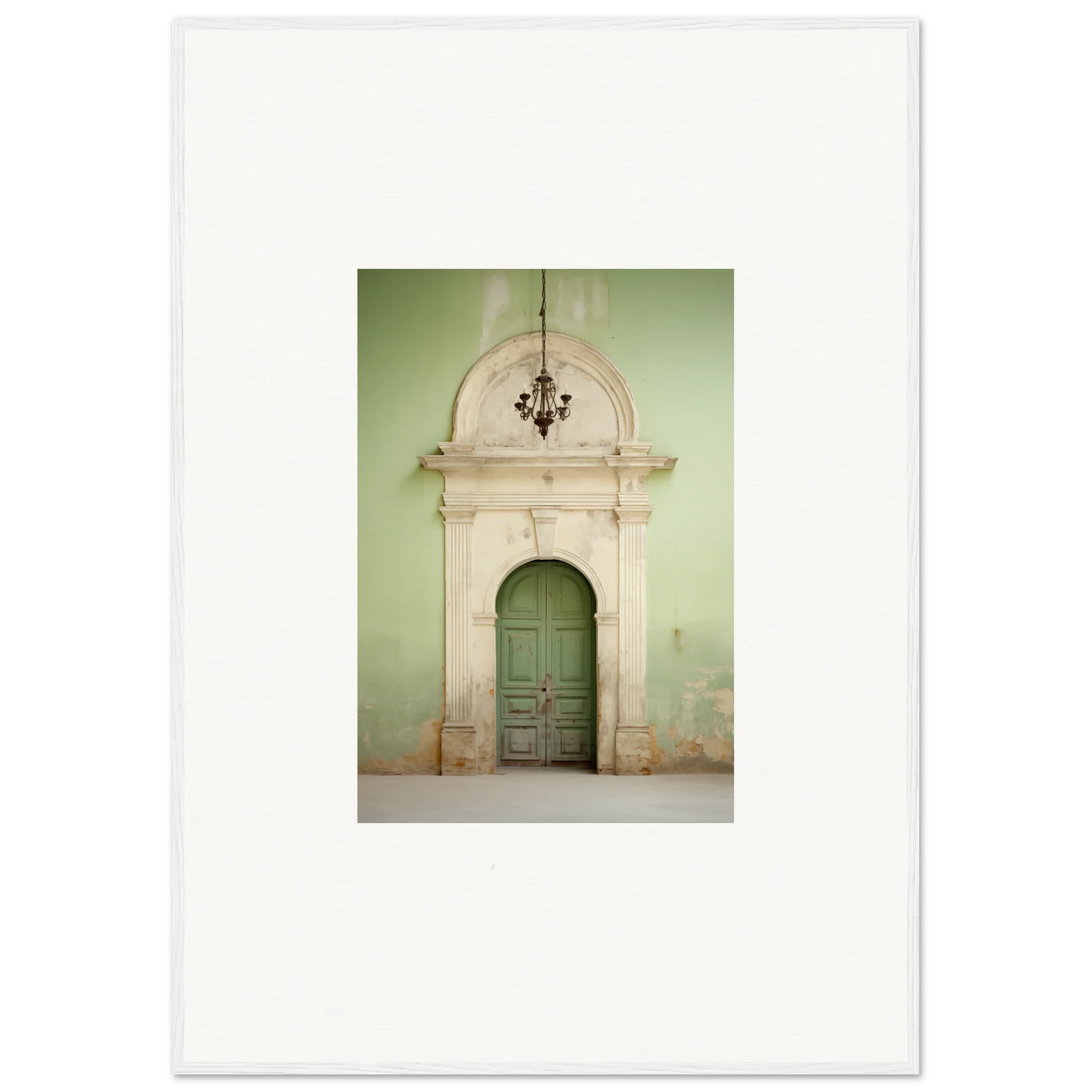 Ornate stone doorway with a green wooden door in Thresholds Quiet Whisper special edition art