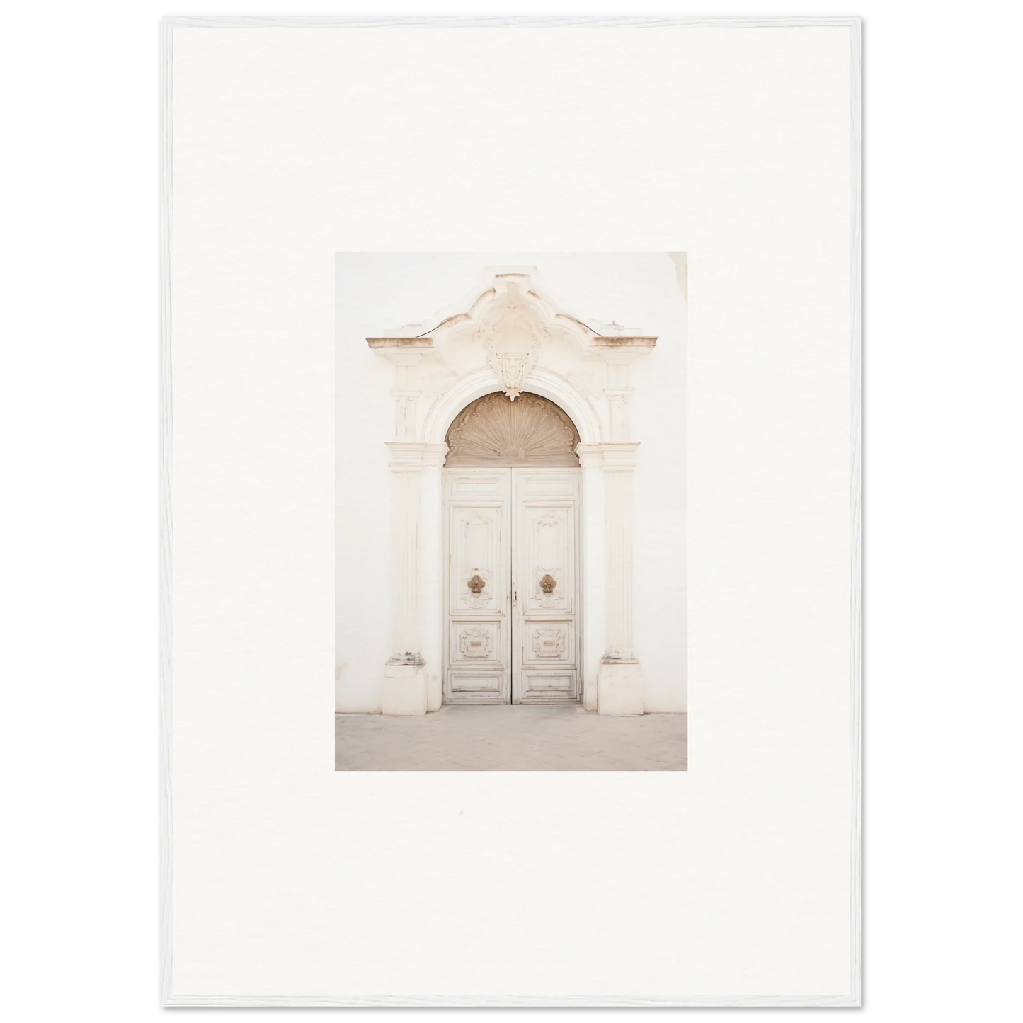 Ornate white double door with arched frame for Faded Elegance Whispers framed wall art