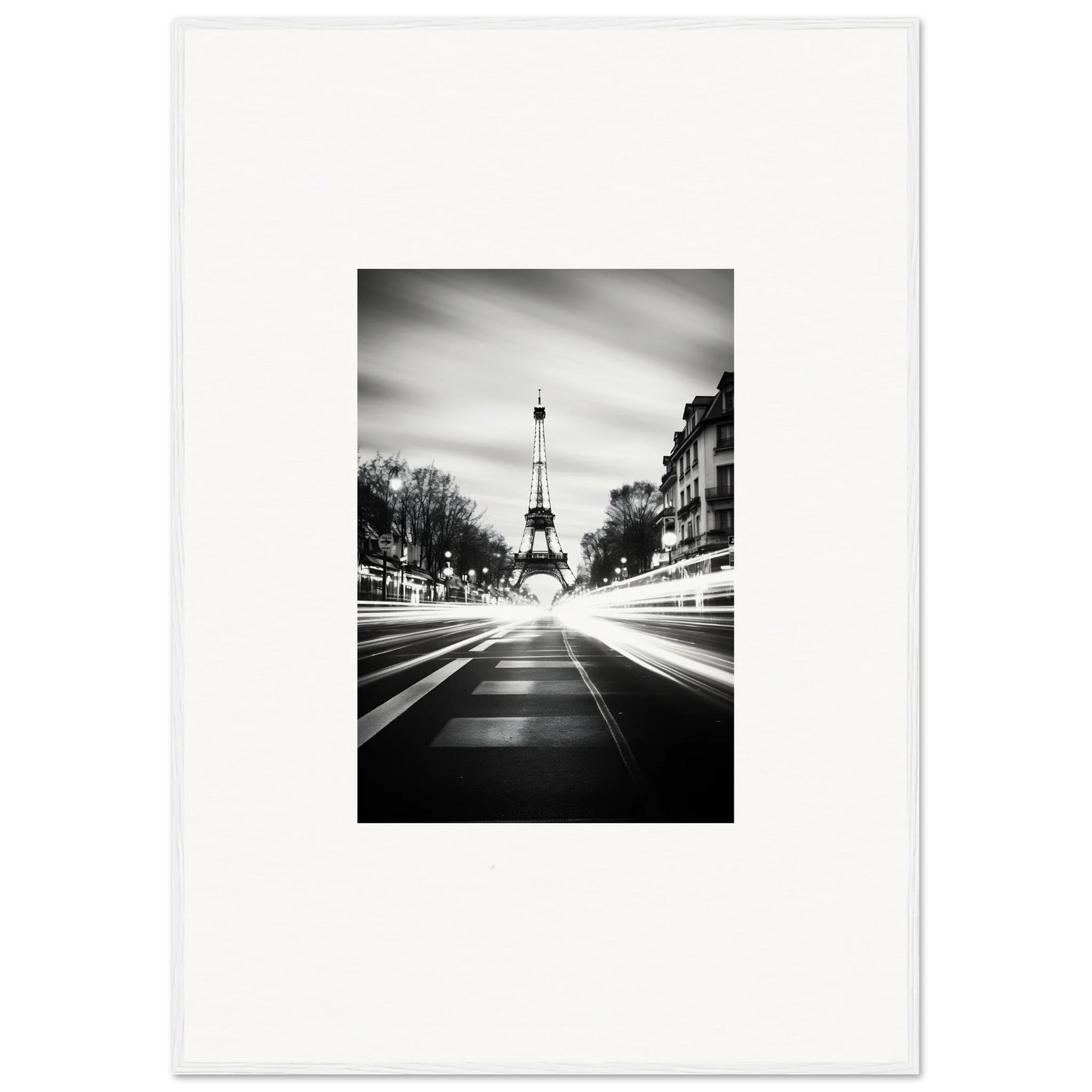 Black and white Eiffel Tower street view art for Synth Wave Elysium framed wall art