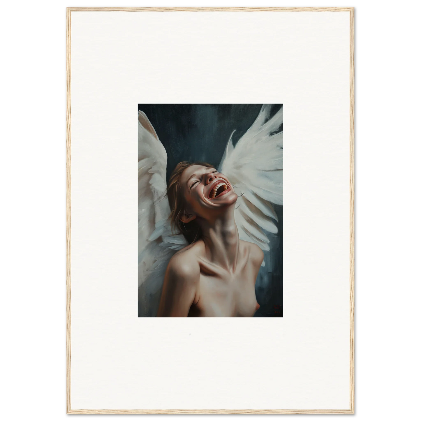 Emotive canvas print of a person with white wings for stunning wall art and room decoration