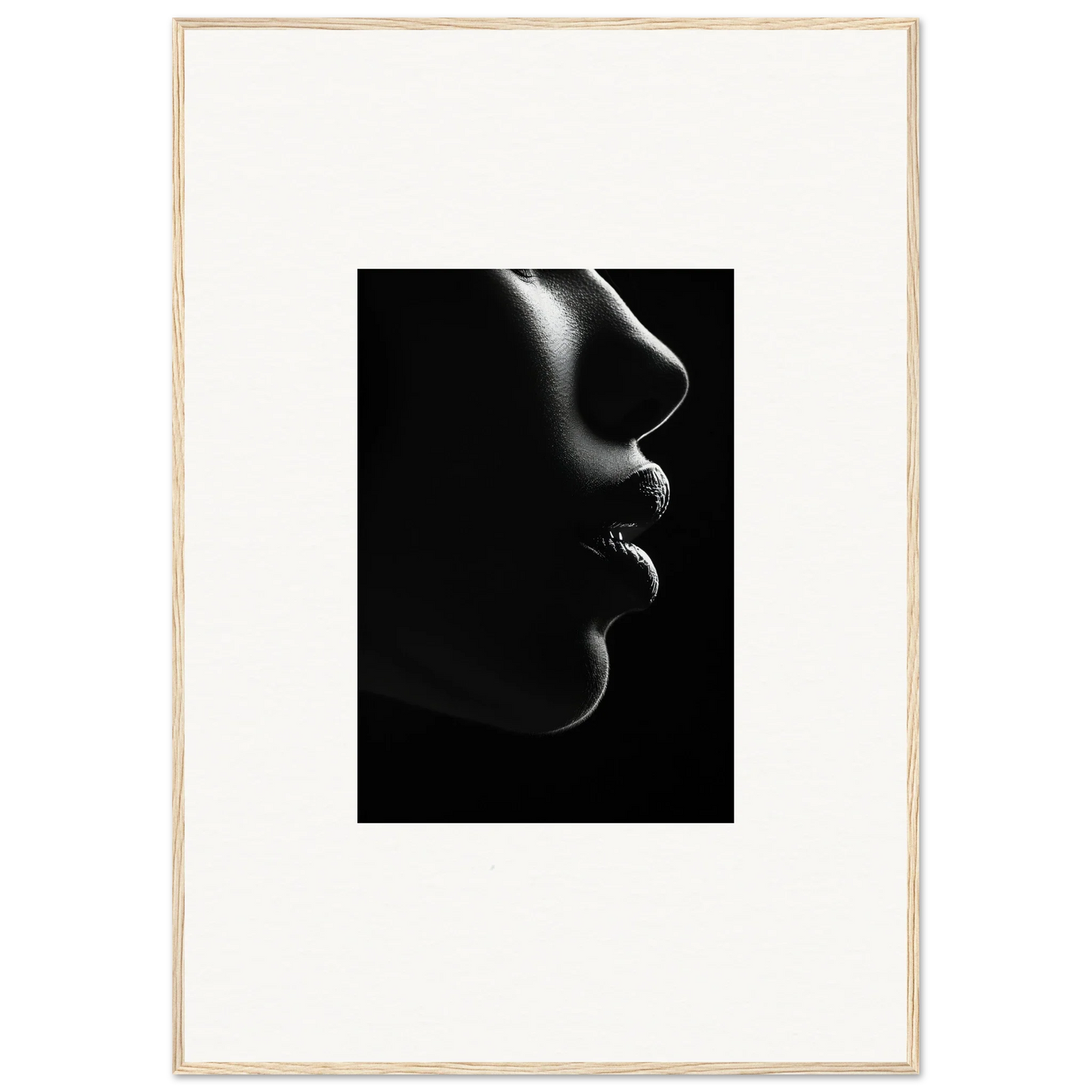 Dramatic black and white silhouette of lips and nose in Silver Twilight Whispers framed poster