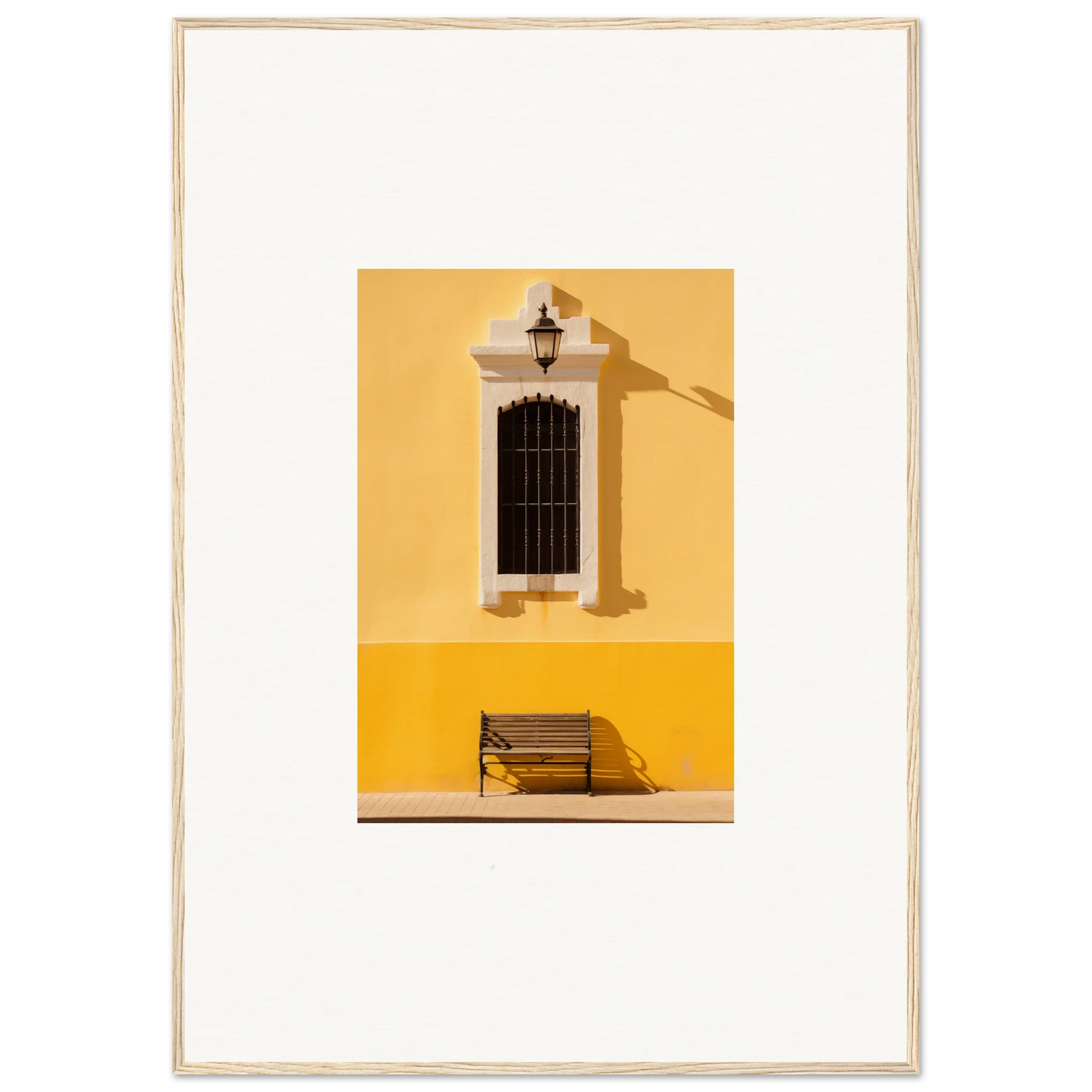 Wooden bench under a barred window on a yellow wall for Six-Light Cult Optionsky