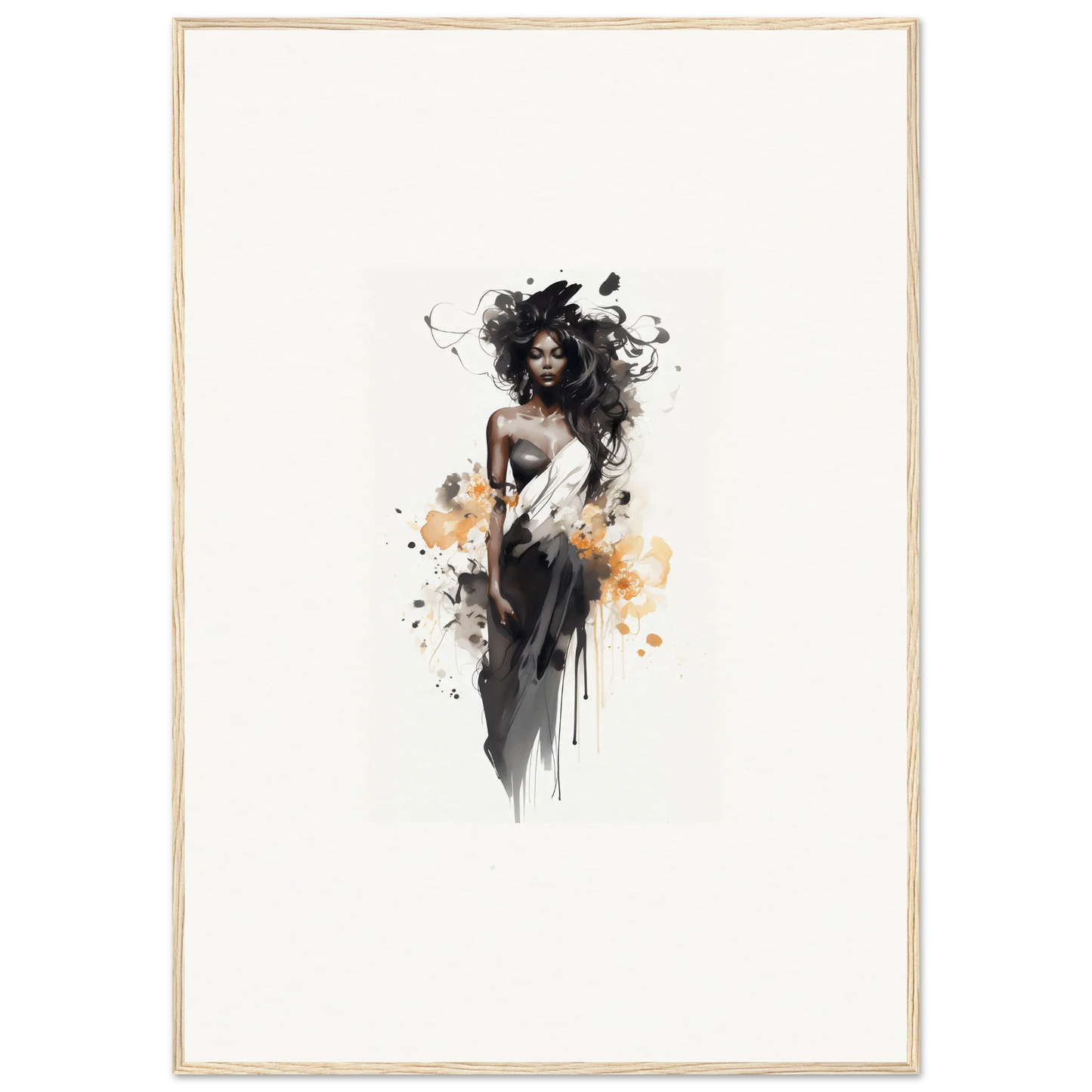 Artistic watercolor of a woman in a black dress from Harlequin Suns Wash special edition art™