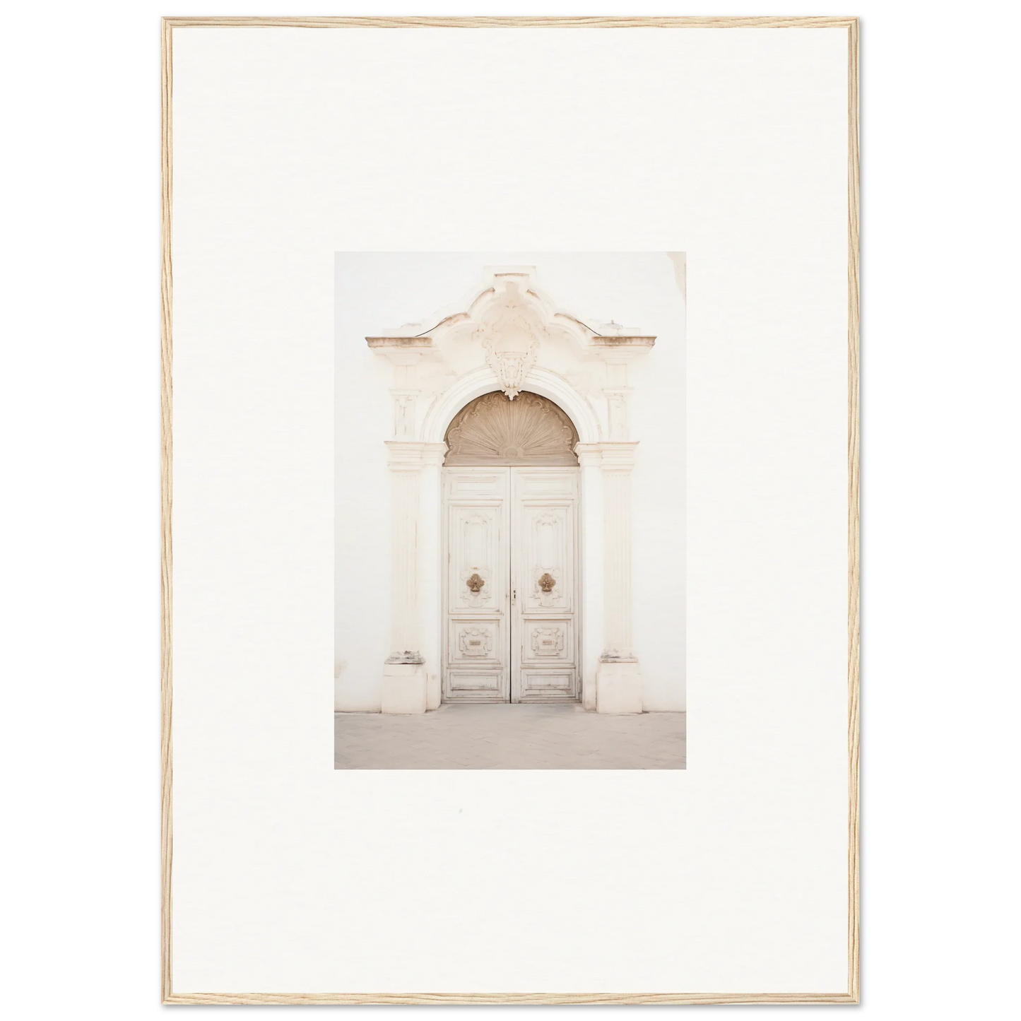 Ornate white double door with archway in Faded Elegance Whispers framed wall art