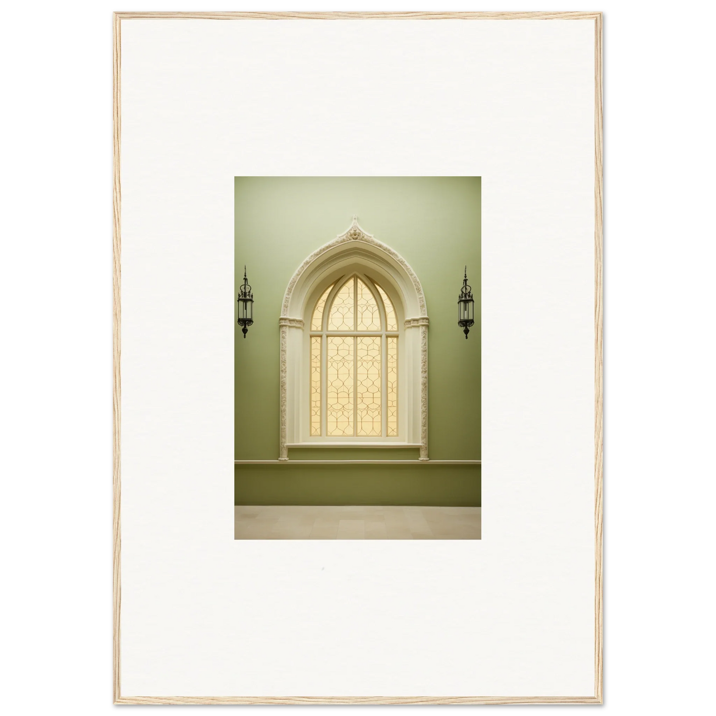 Gothic-arched window with ornate frosted glass in Opalescent Tranquility Dwelling art
