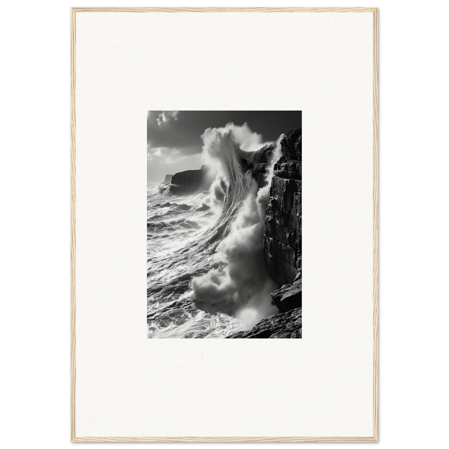 Powerful ocean wave crashing on rocky cliffs in Tidal Curved Reality framed wall art