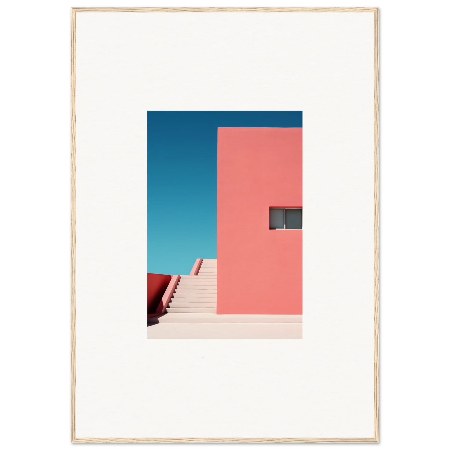 Pink architectural wall with stairs under a blue sky in Cerulean Dream Ickles framed wall art
