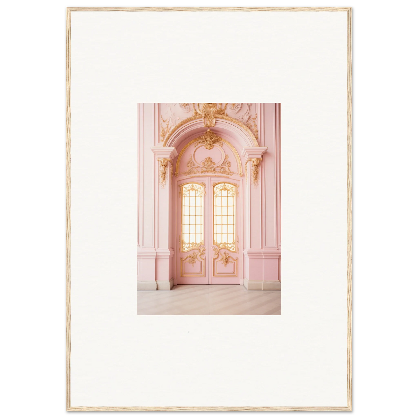 Ornate pink double doors with gilded details in Ethereal Rose Haven framed wall art