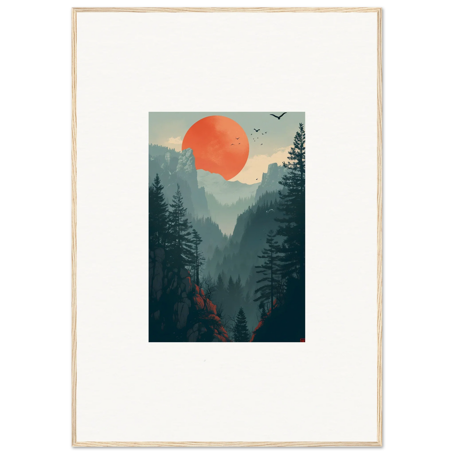 Framed Sunset Wilderness wall art of forest landscape with mountains and orange sun